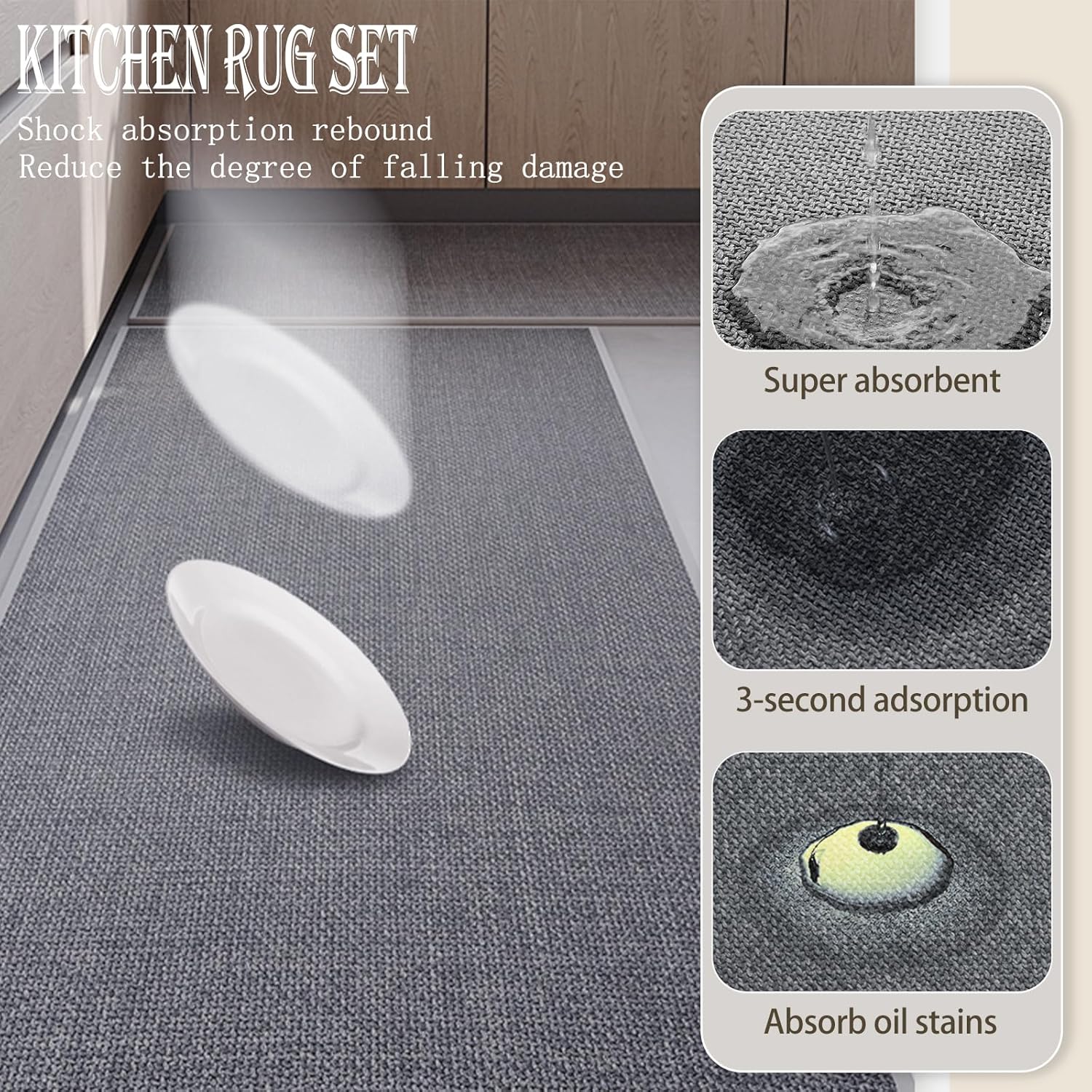 Kitchen Mats for Floor 2 Piece (Grey Rug, 29.5“×19.7“+47.2“×19.7“), Kitchen Rugs Non Slip Washable Long Hallway Runner Corner L Shaped Rug Set, Non Slip Runner Rug Door Mat Bathroom Laundry Room
