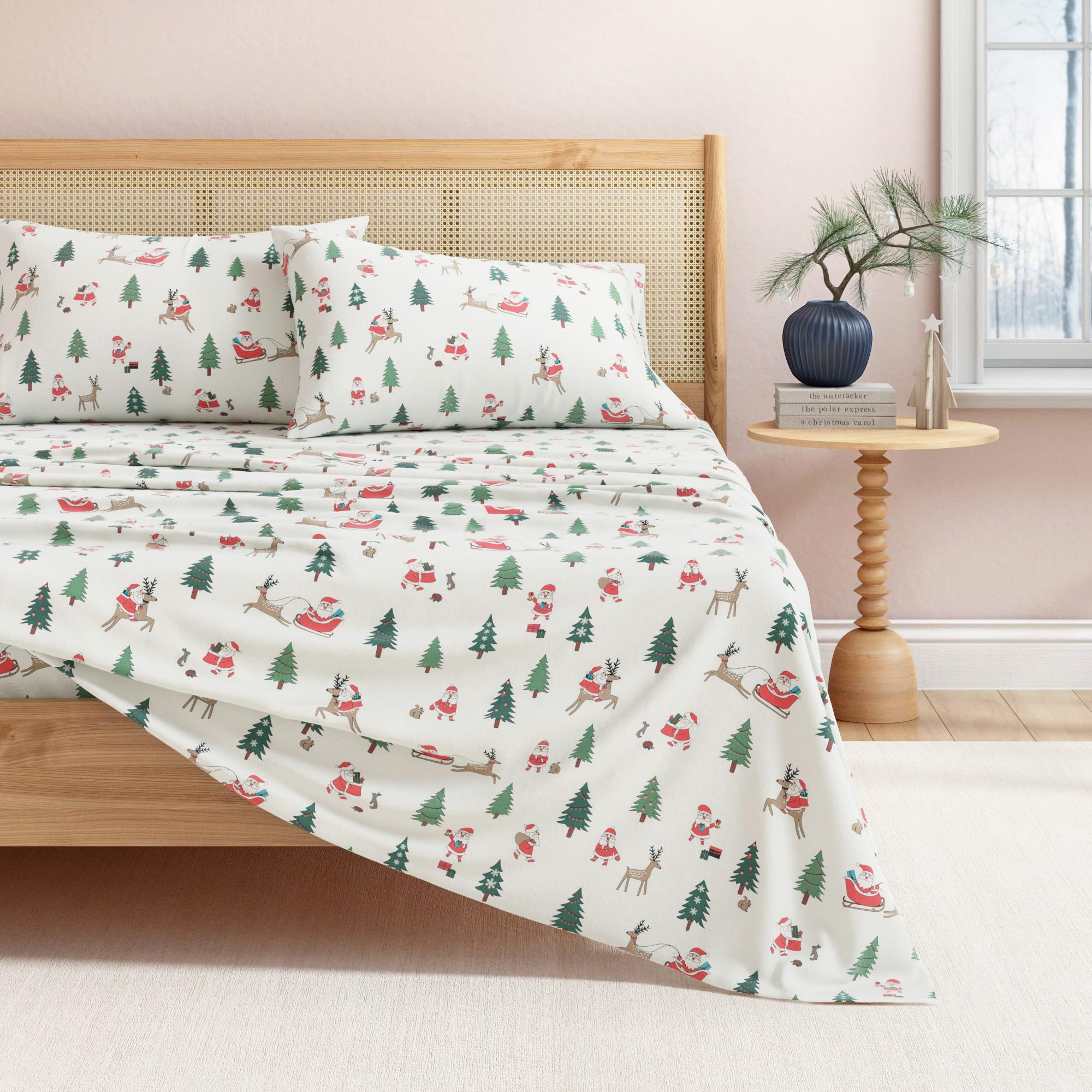 Great Bay Home Christmas Flannel Sheet Set Queen Size - 100 Turkish Cotton Double-Brushed Winter Bed Sheets -