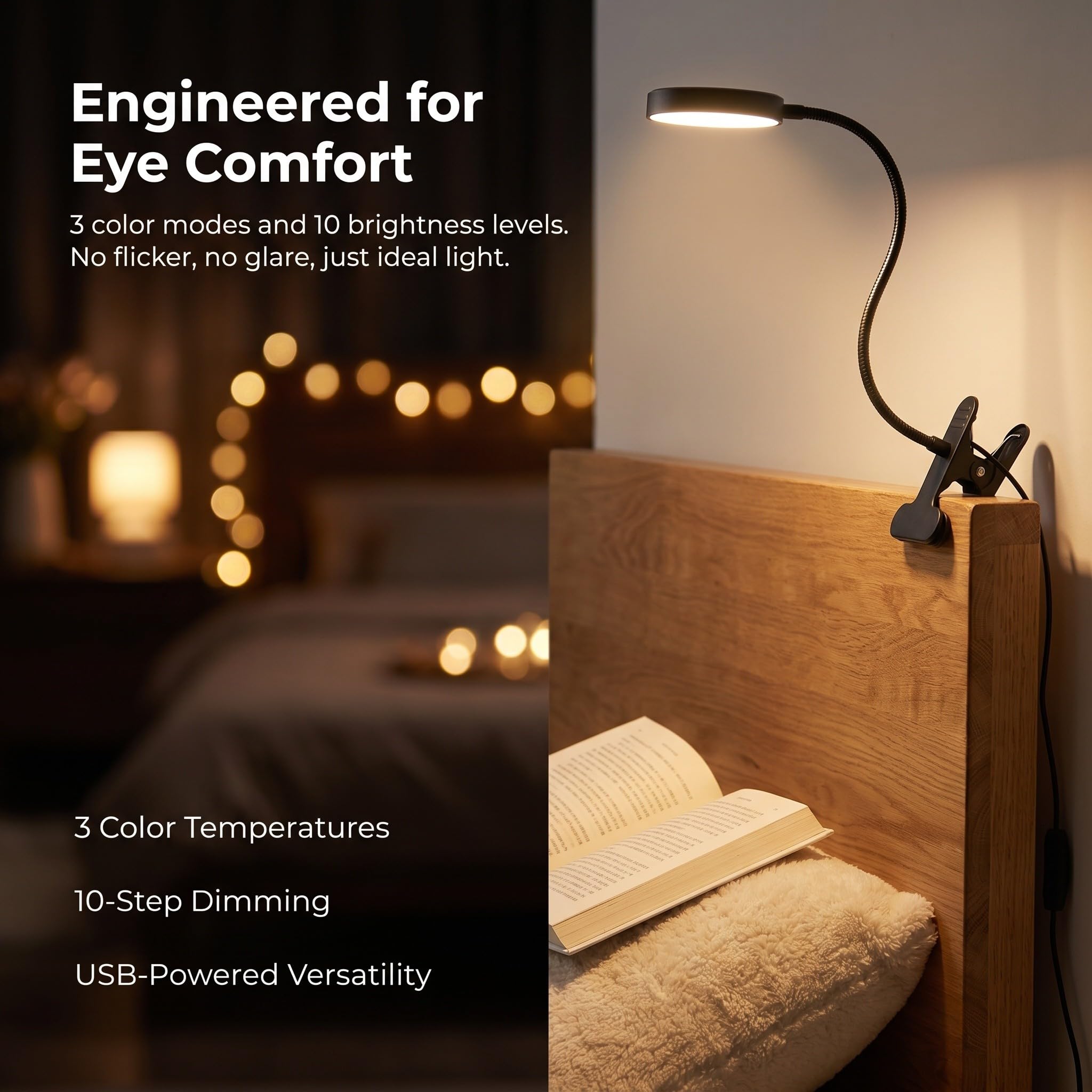 Operitacx Lámpara de lectura con clip para el cuidado de los ojos - 3 modos de luz, 10 niveles de brillo regulables - Lámpara de escritorio con clip de cuello de cisne flexible de 360° para