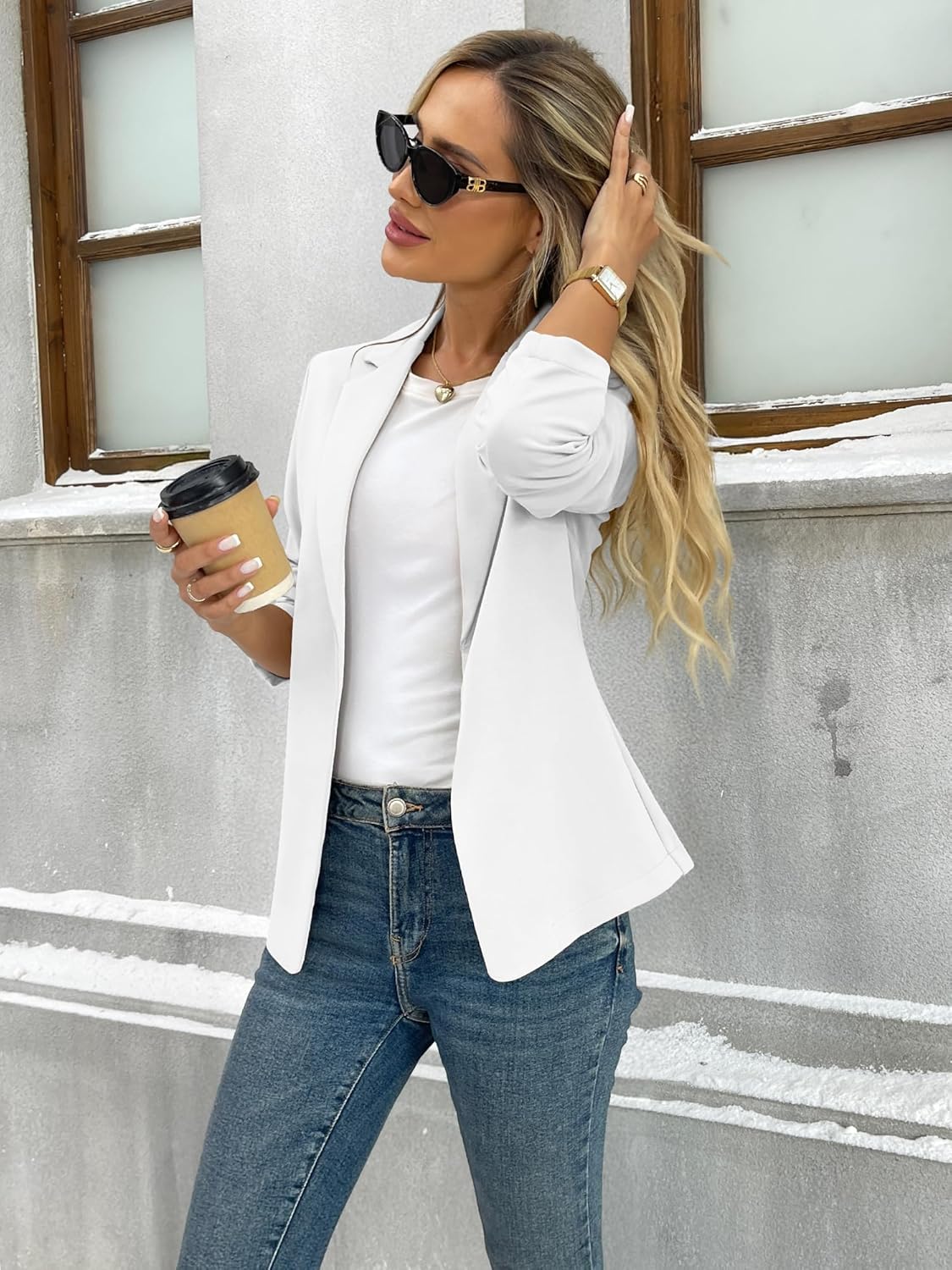 ELLEVEN Women’s Business Casual Open Front Blazers, Stretchy Knit Long Sleeve Blazer Work Office Suit Jackets - Image 4