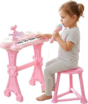 The Magic Toy Shop Kids Pink Piano Keyboard Toy with Microphone & Stool - 24 Key Electronic Musical Instrument, Light Up Teaching Mode, Drums Microphone & Stool Toy