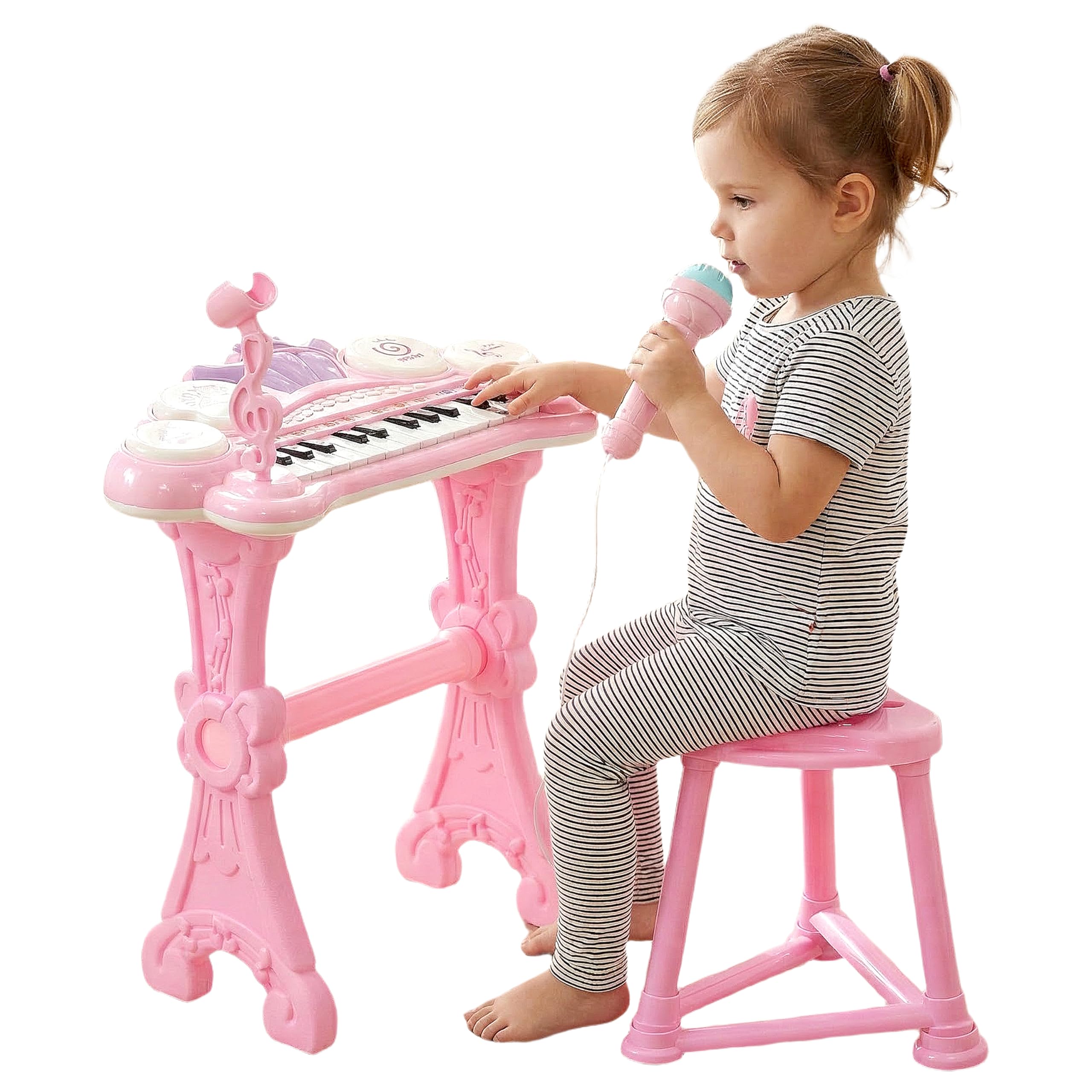 The Magic Toy Shop Kids Pink Piano Keyboard Toy with Microphone & Stool - 24 Key Electronic Musical Instrument, Light Up Teaching Mode, Drums Microphone & Stool Toy