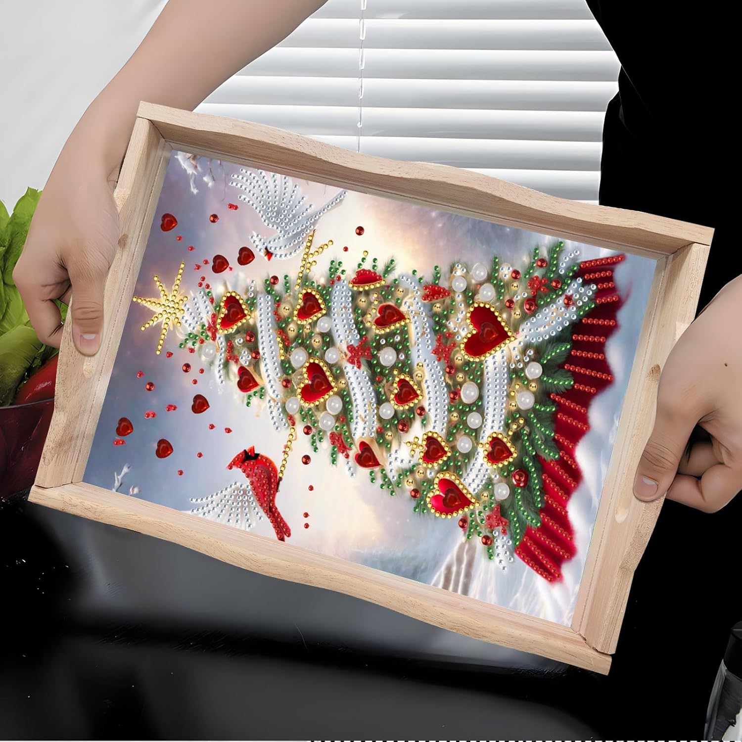 BAYUNOE 2Pcs DIY Diamond Serving Tray Rectangular Breakfast Tray with Handles Handmade Diamond Art Painting Wooden Tray Dinner Plate for Coffee Living Room Home Organizer-06