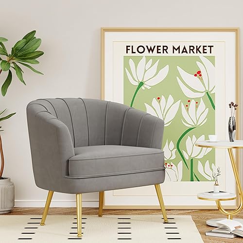 Velvet Accent Chair for Living Room, Bedroom, Office - Upholstered Single Sofa Arm Chair With Metal Legs, Comfy for Reading, Leisure, Club, Coffee - Grey