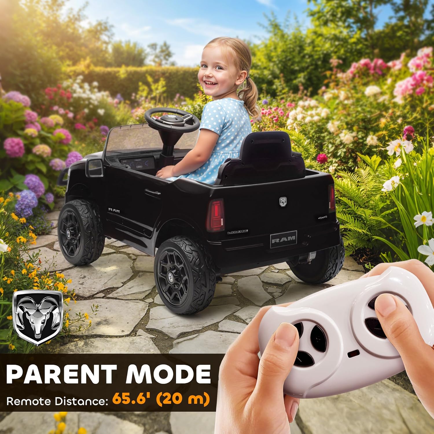 Qaba 12V Kids Ride on Car, Licensed Dodge RAM 3500 Electric Car for Kids with Dual Motors, Parent Remote Control, Rear Suspension, Power Display, Bluetooth Music and LED Lights, Black
