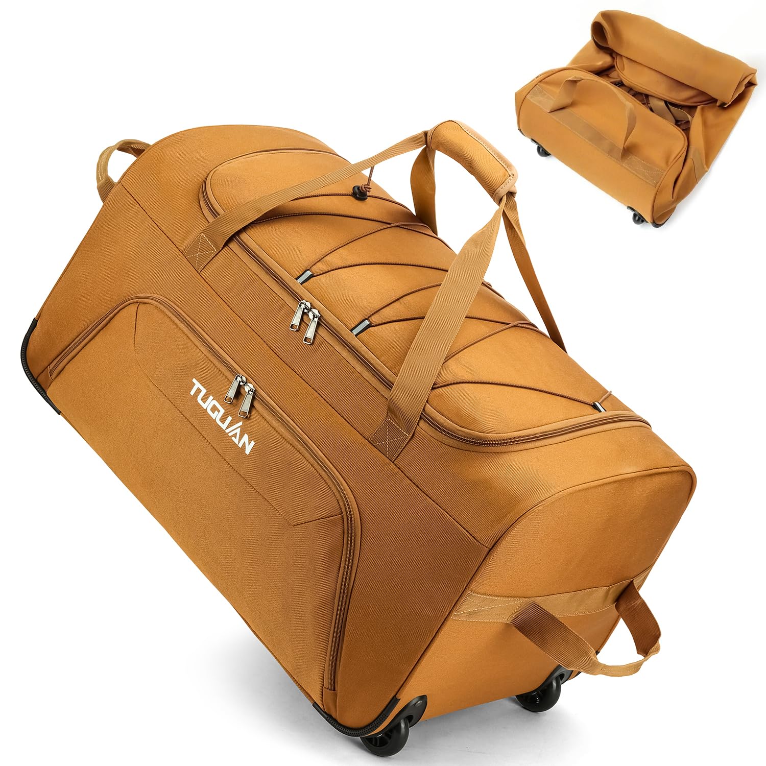 TUGUAN Bolsa de Viaje Plegable con Ruedas Grande 110L Bolsas de Equipo Deporte con Ruedas XL 28'' para Futbol Baloncesto Maletas de Viajes Camping Duffle Bag, Marrón
