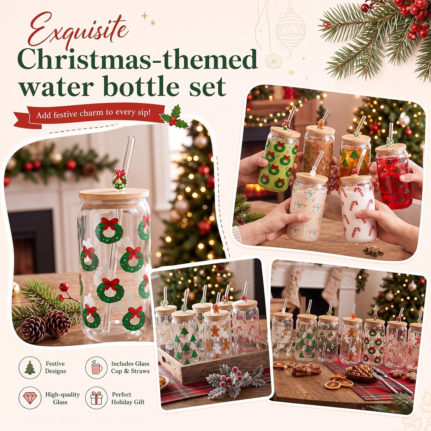Meanplan 6 Pcs Christmas Glass Cup 16 oz Xmas Drinking Glasses with Lids and Straws Snowman Candy Cane Christmas Tree Can for lced Coffee, Beer, Water, juice Holiday Party Favor