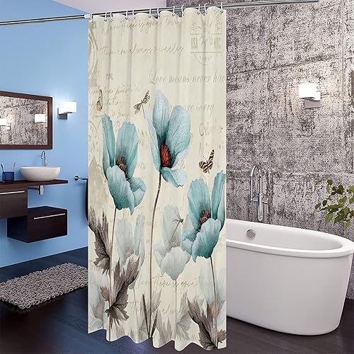 Miniatura 9 de Cortina de ducha impermeable, diseño retro, con 12 ganchos, diseño floral, mariposa, libélula, con 12 ganchos, cortinas de baño para casa rural,