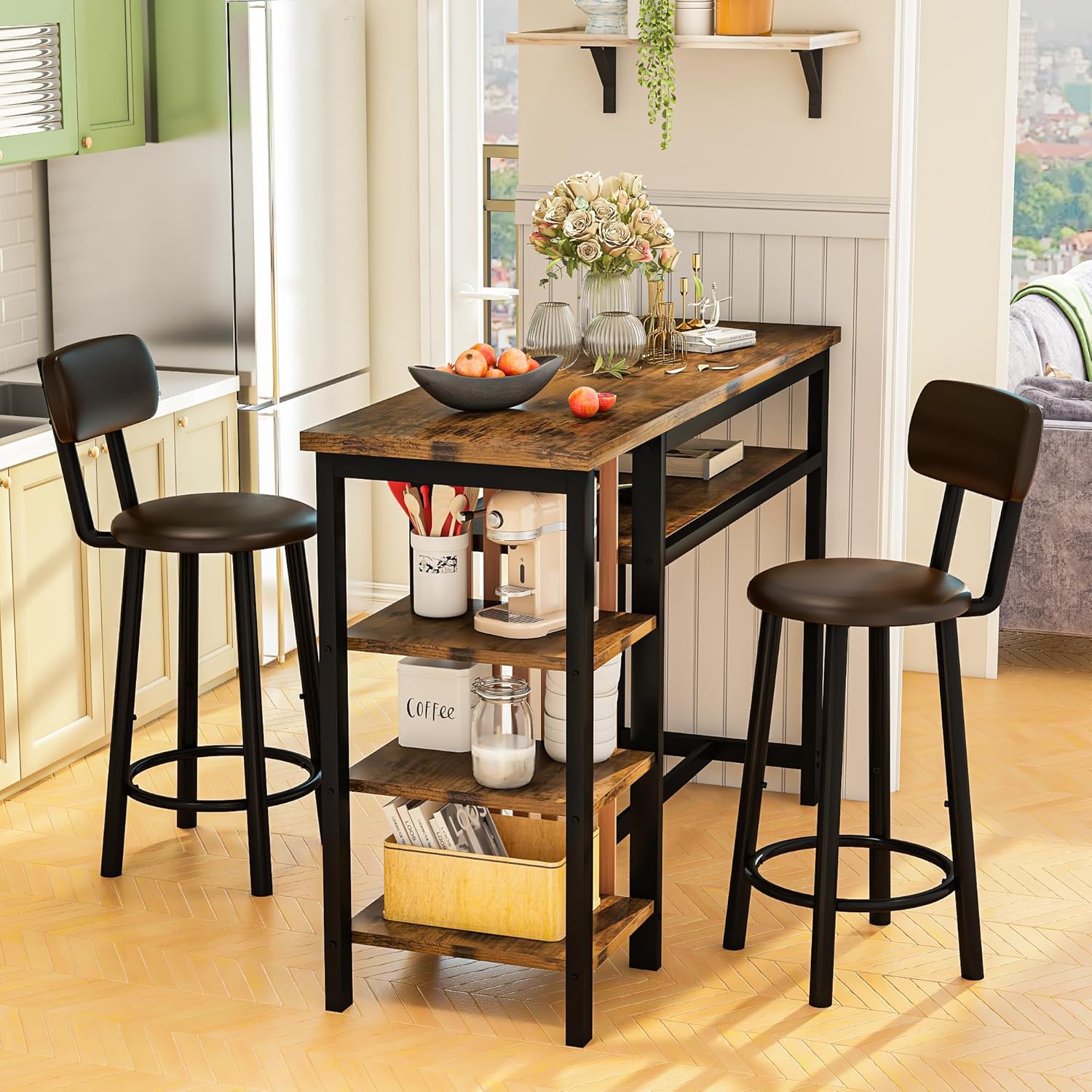 Recaceik 3 Piece Bar Dining Table Set, Modern Bar Table and Stools for 2, Kitchen Counter Height Dining Table Set with 4 Storage, Breakfast Nook Set Pub Table with Backrest