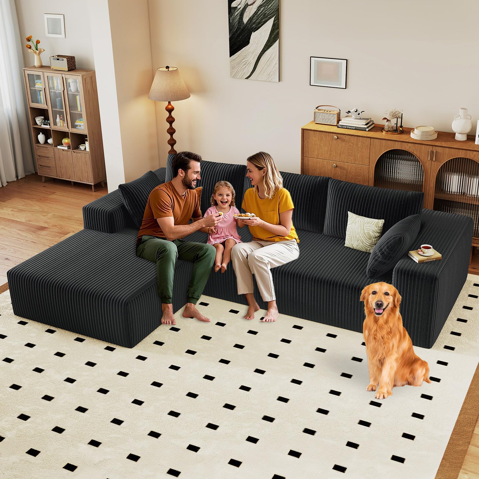 96" Modular Sectional Sofa, Modern Corduroy Cloud Couch with Deep Seat, Boneless Couch Upholstered 3-Seater L-Shaped Sofa for Living Room, No Assembly Required (Black, Left-Facing Chaise)