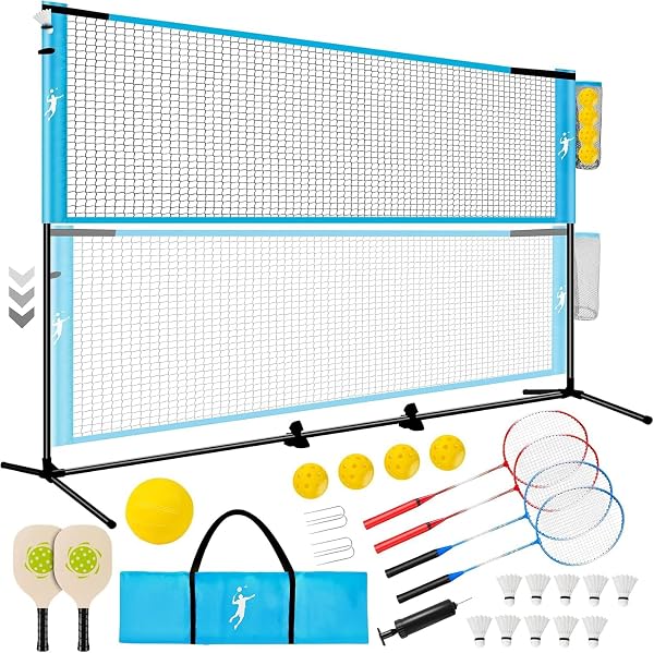 KIKILIVE Rete Multisport Regolabile per Badminton, Pallavolo, Pickleball e Tennis | Set Portatile con Paddle e Racchette, 5 Punti di Ancoraggio Indoor/Outdoor - 1