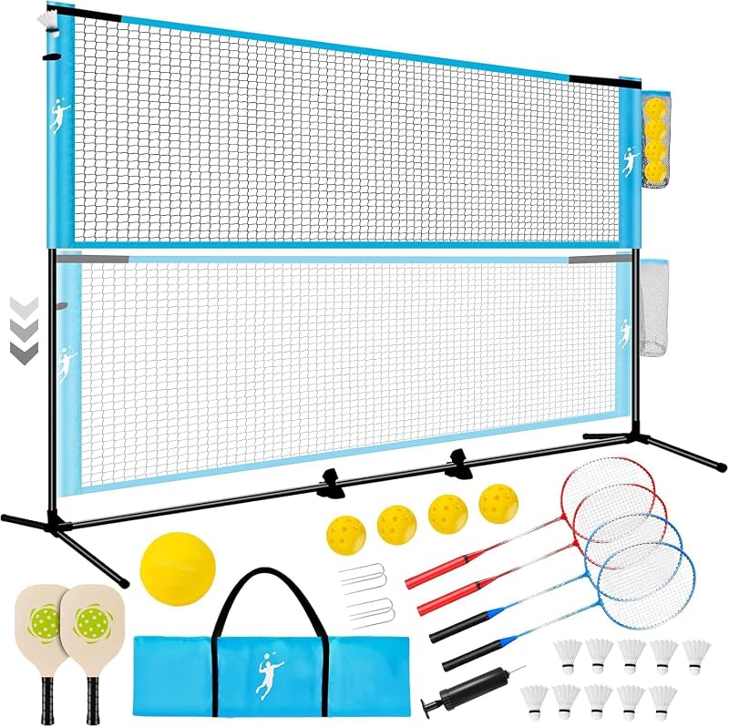 KIKILIVE Rete Multisport Regolabile per Badminton, Pallavolo, Pickleball e Tennis | Set Portatile con Paddle e Racchette, 5 Punti di Ancoraggio Indoor/Outdoor