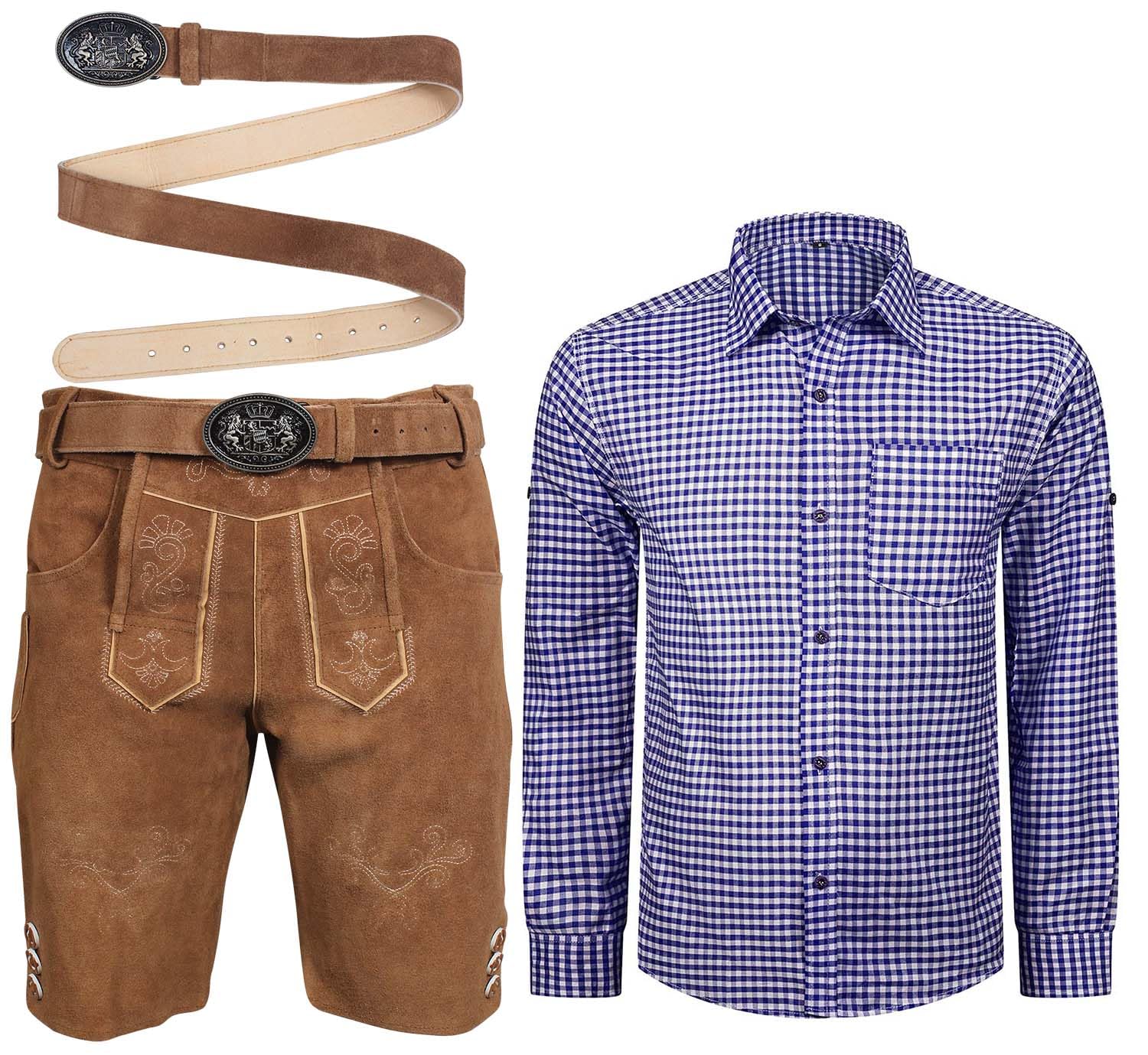 ALL THE GOOD Herren Trachten Set Lederhose mit Gürtel + Trachten Hemd Bayerische Oktoberfest Trachtenlederhose MGKHBR01