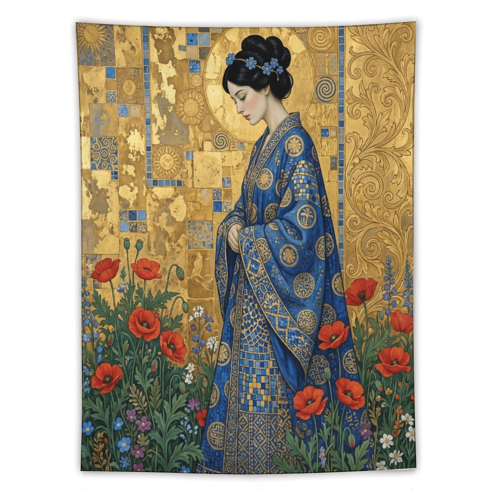 H3B8U2Y5 Blue Golden Mosaic Woman Wall Tapestry, Mosaic Style, Entryway