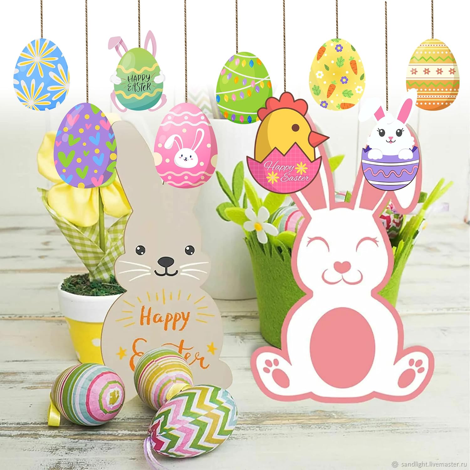 Lucleag 45 PCS Easter Egg Cutouts for Bulletin Board Decoration, Colorful Easter Eggs Bunny Chick Cutouts for Holiday Spring Classroom Bulletin Board School Egg Hunt Party Decoration