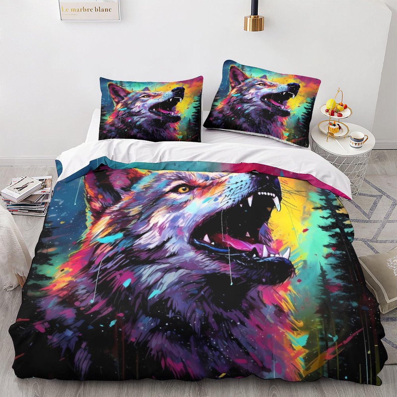 Housse de couette loup 3D parure de lit 3 pièces 200x200cm en microfibre