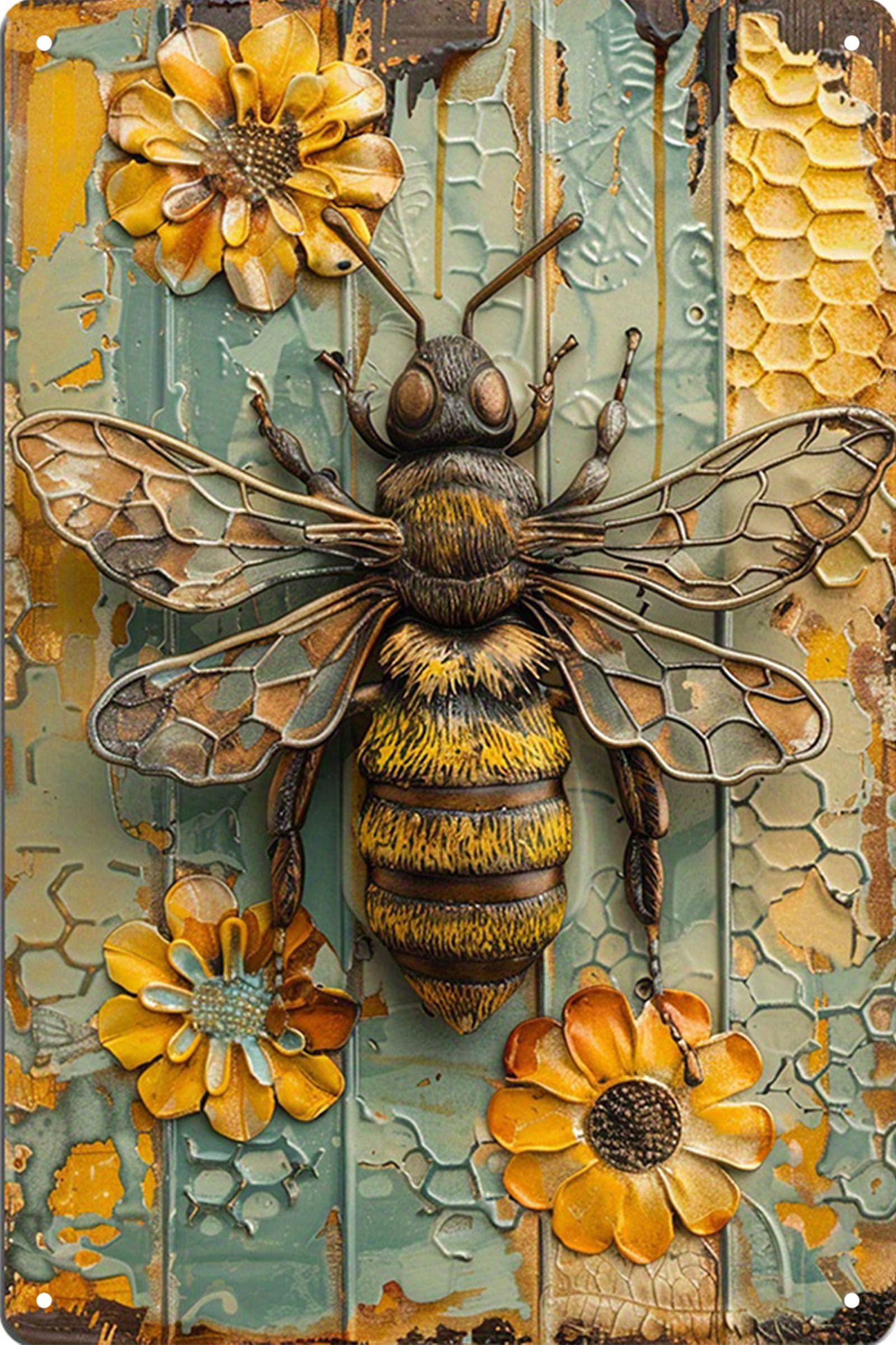 Retro Funny Bee Tin Sign,Vintage Bumblebee Metal Sign,Decor For Garden Outdoor Animals Lovers House Fence Farm Home Garage 8x12 Inches (Vintage Bee Art)