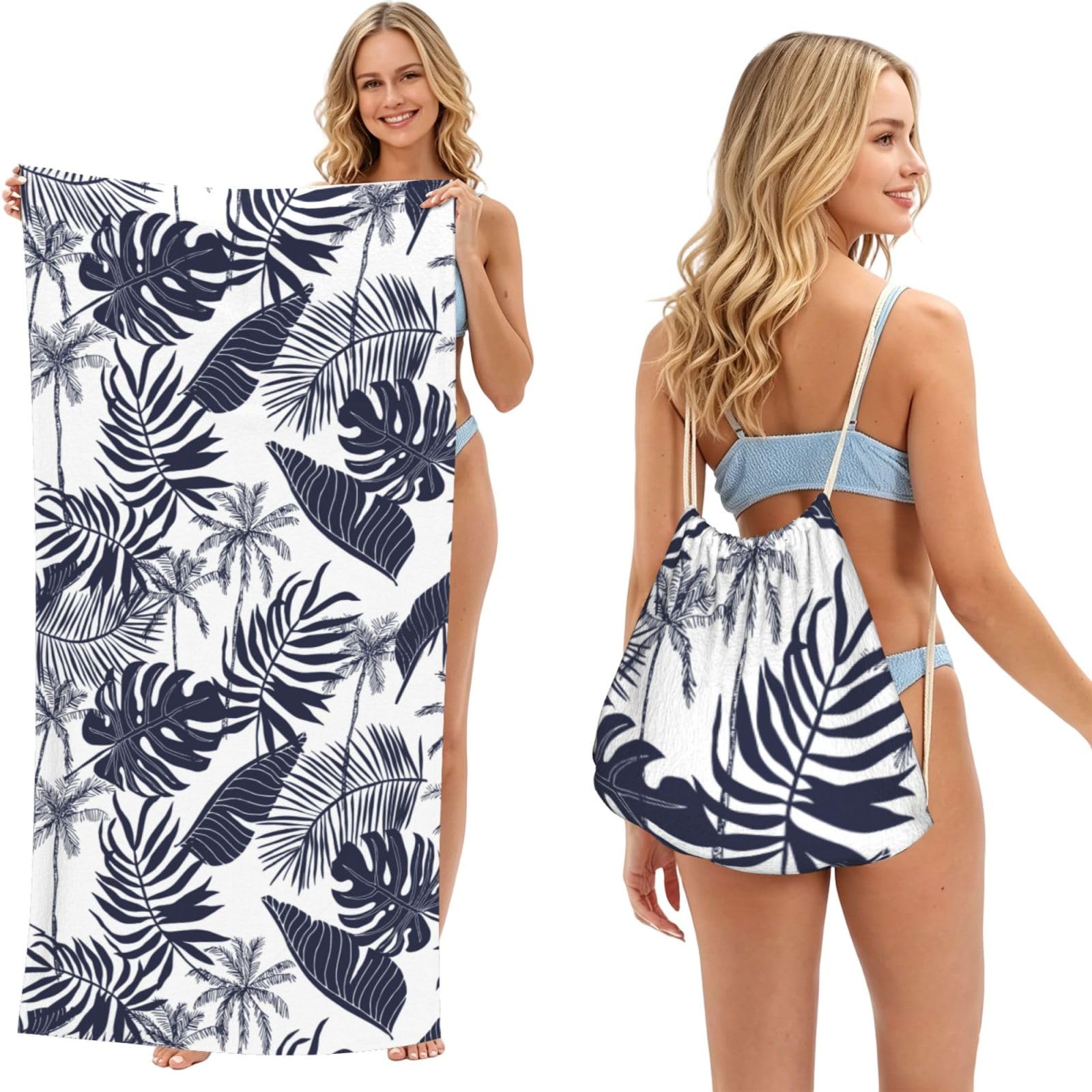 Poadnly As Picture Tropical Palm Trees Leaves Silhouette Hawaiian, 2 In 1 Packable Towel Bag, Beach Towels With Drawstring Backpack For Travel Holiday Camping
