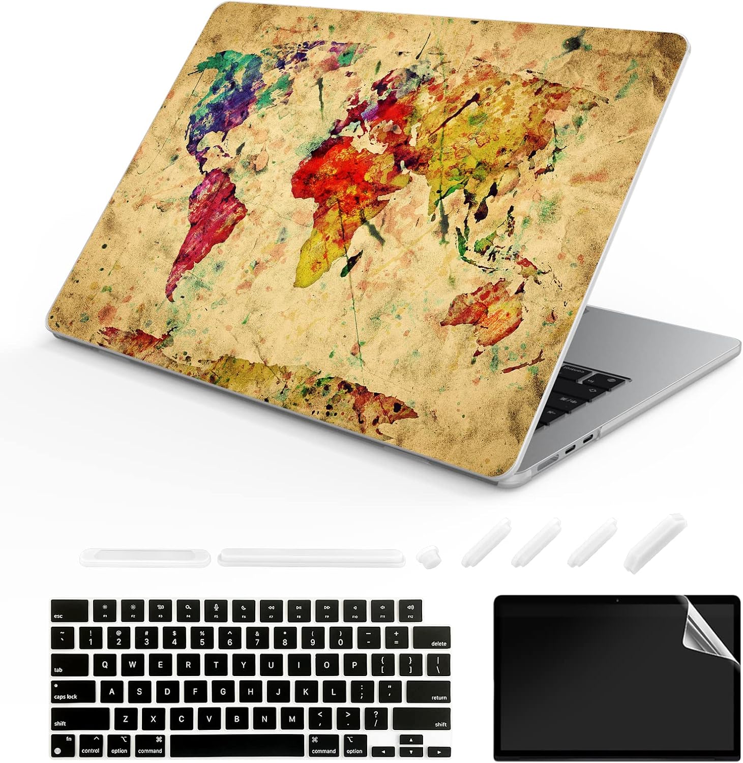 Compatible MacBook Air 13.6 inch Case 2022 Release Model: A2681 M2 Chip, Printed Pattern Hard Shell Laptop Sleeve and Keyboard Cover for MacBook Air 13.6, World map 12