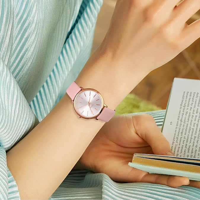 BUREI Women Wrist Watches Fashion Minimalist Analog Leather Quartz Waterproof Watches for Women (Pink, Leather)