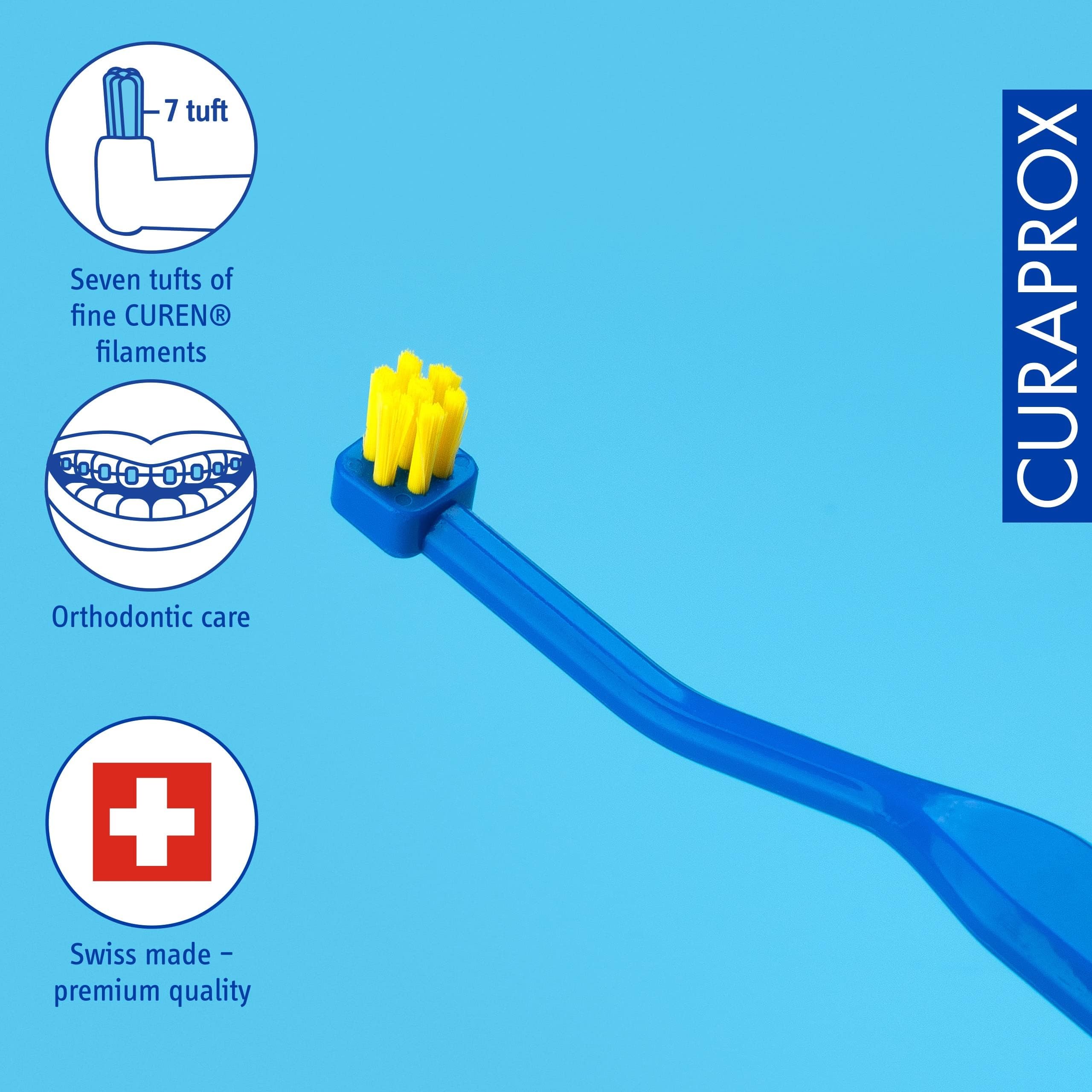 Curaprox implant toothbrush-do implantów, aparatów ortodontycznych i trudnych miejsc/Elastyczna głowica do precyzyjnego czyszczenia/Niebiesko-żółty/pojedyncze opakowanie/Made in Switzerland