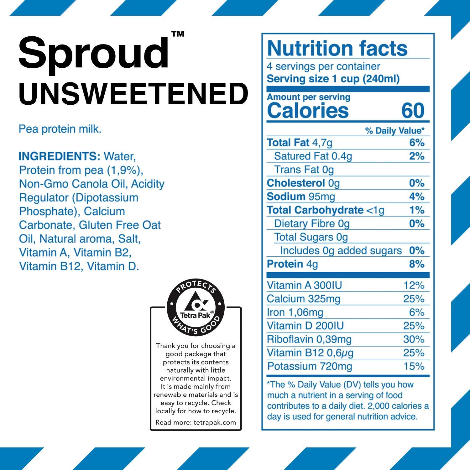 Sproud 100 NonDairy Pea Milk UNSWEETENED 33.8 Fl Oz (Pack of 6