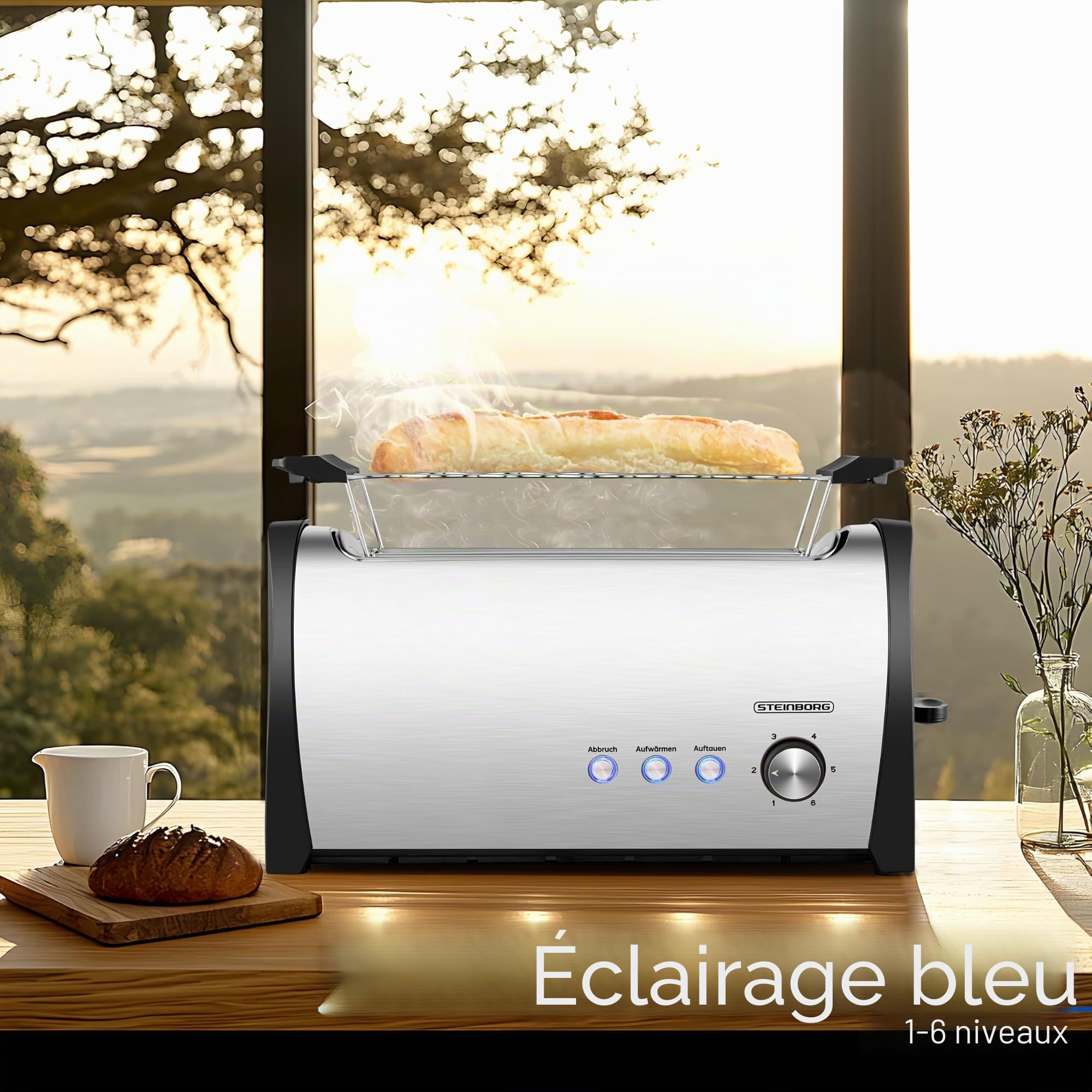 Steinborg Grille-pain 4 tranches avec grille à viennoiseries XXL - En acier inoxydable - Éclairage LED bleu - Arrêt automatique - Double fente - Grille-pain familial