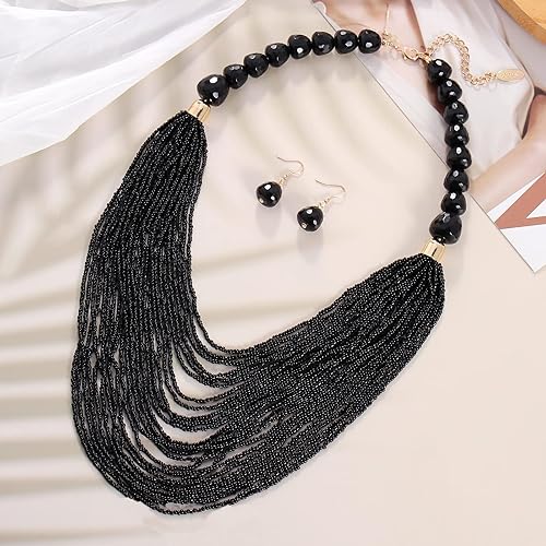 Vista 3 de Bocar Collar para mujer, collar de múltiples capas, collar de cadena larga, collar de cuentas de semillas de babero, collar y aretes para regalo