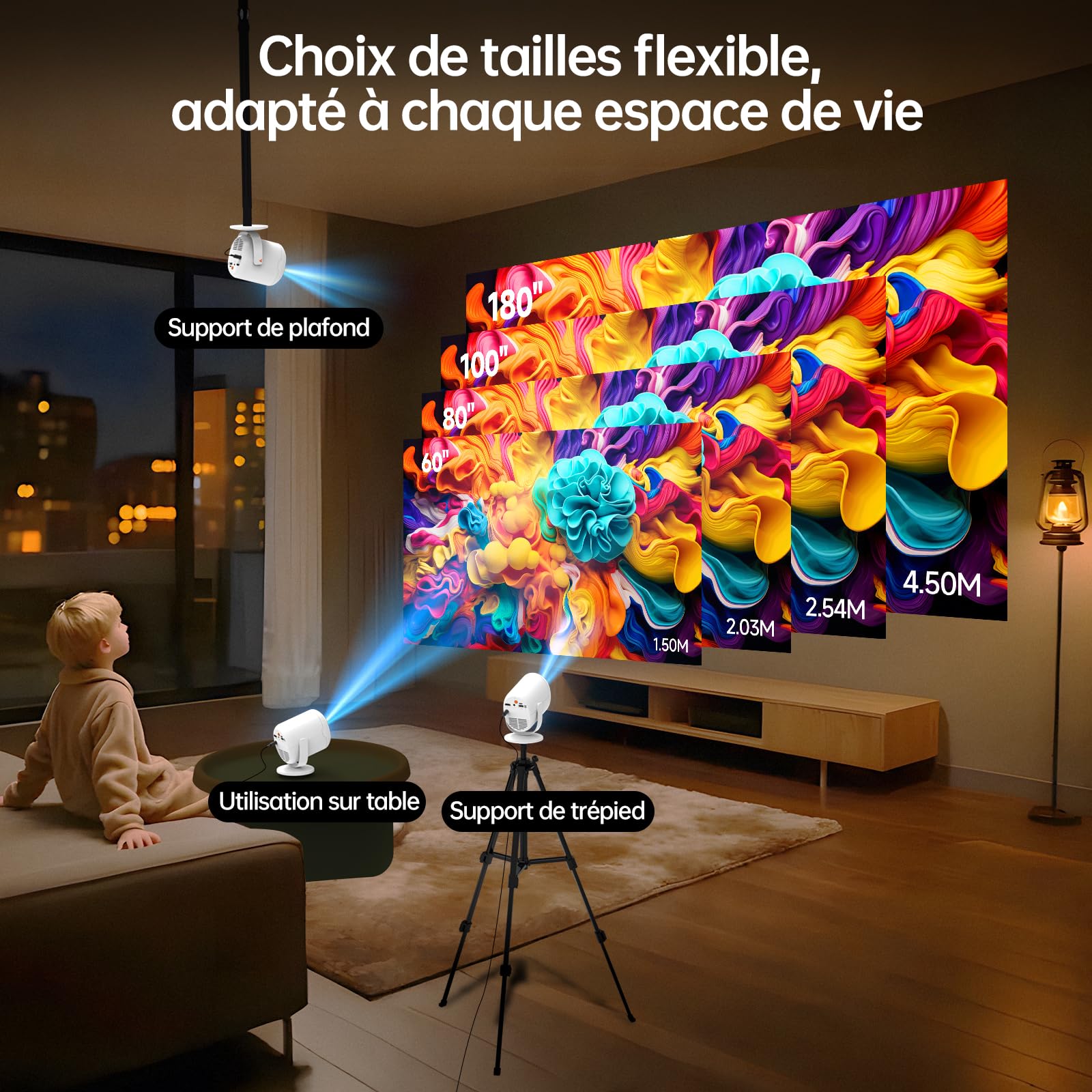 Videoprojecteur Full HD 1080P Natif Mini Projecteur Portable 200ANSI WiFi 6 Bluetooth 5.4,Haut parleurs intégrés Auto Keystone 180° Rotation pour Phone/HDMI/USB/Clé TV