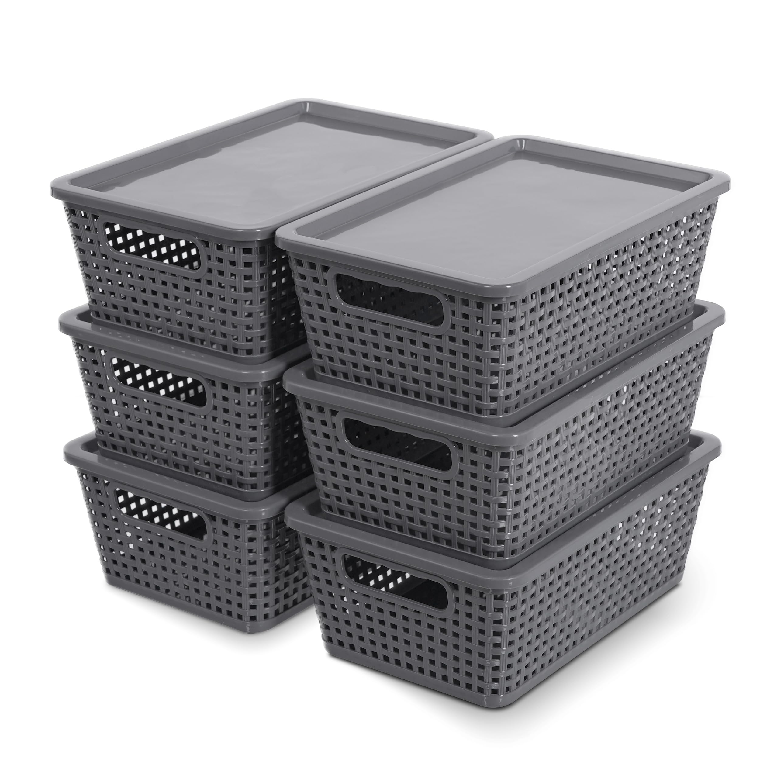 Citylife Set of 6 Pack Plastic Storage Baskets With Lid, Storage Basket for Organizing,Stackable Storage Containers Bins Boxes for Kitchen Bathroom Desktop Closet Classroom Office,Grey