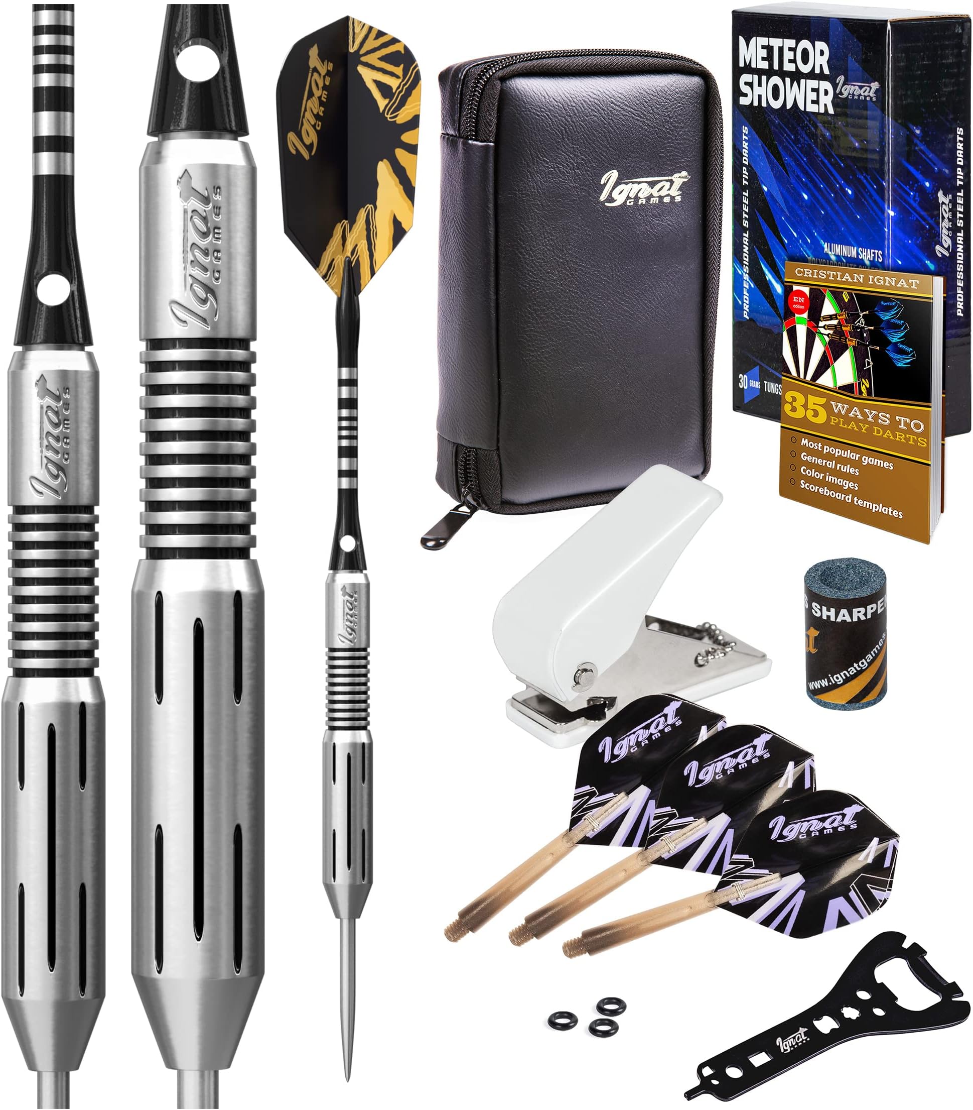 IgnatGames Steel Tip Darts Set - Professional Tungsten Darts with Stylish Wallet, Aluminum and Polycarbonate Shafts with Rubber O'Rings + Standard and Slim Flights + Darts Sharpener + Darts Wrench