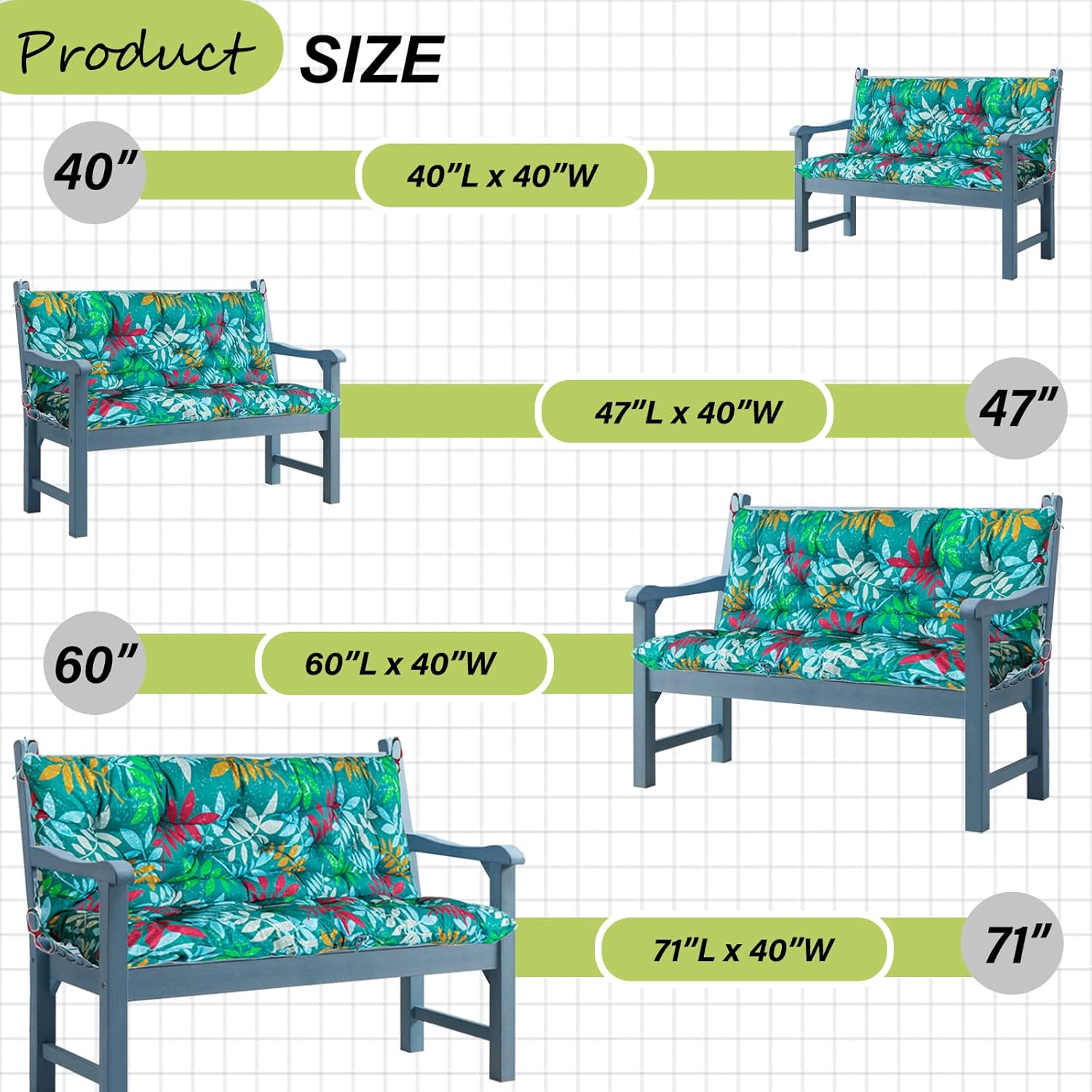 Waterproof Porch Swing Cushion Replacement, 2–3 Seat Swing Seat Cushion with Backrest & Ties, Thick Outdoor Bench Cushion for Patio Garden Porch(Flower Color 40 * 60 in)