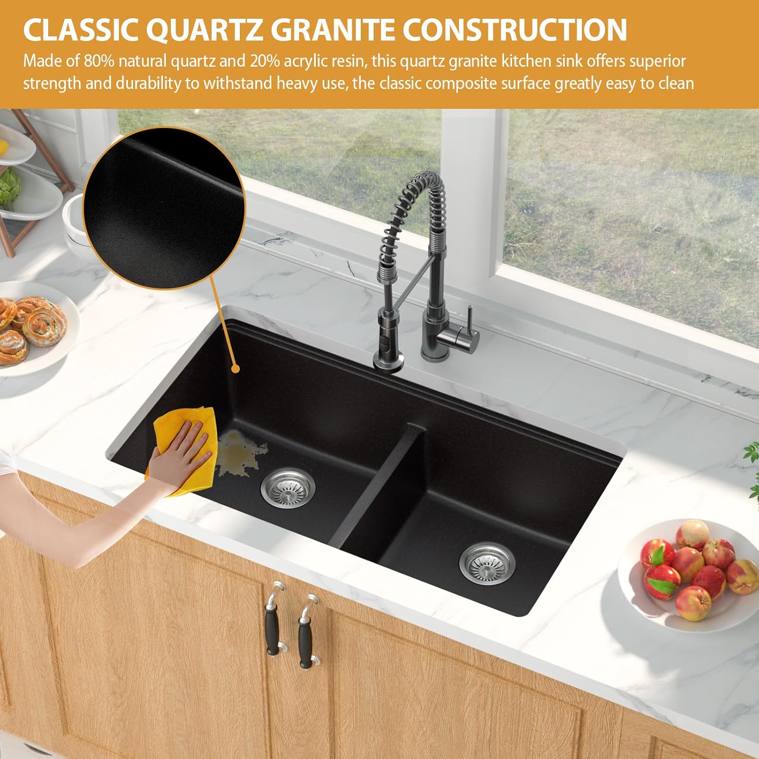 Mocoloo 33 Inch Black Undermount Kitchen Sink - 50/50 Undermount Kitchen Sink 33"x19" Granite Composite Sinks Workstation Low Divide Under Counter Classic Double Bowl