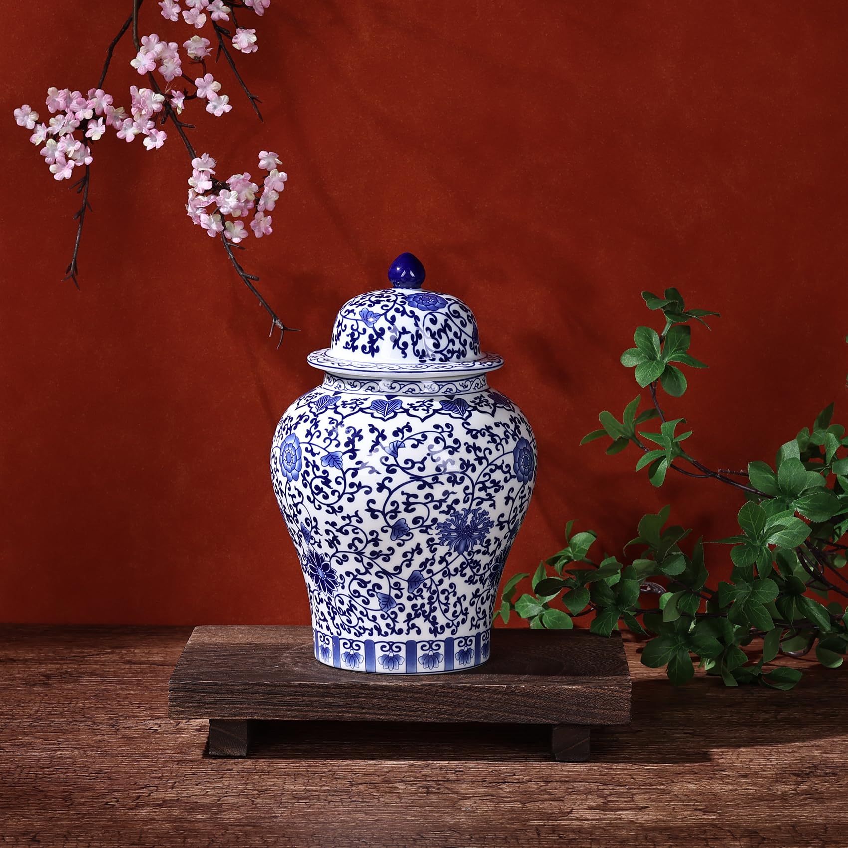 Chinoiserie - Barattolo di zenzero in porcellana blu e bianca, vaso in ceramica fatto a mano per decorazione della casa, barattolo decorativo in stile classico cinese (loto)