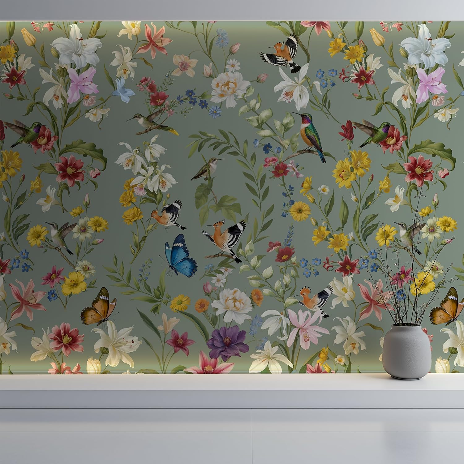 Self-Adhesive Peel and Stick Wall Mural | Floral & Bird Design with Tropical Green Background | Removable Canvas Wallpaper for Living Room, Bedroom, Office (D, W182'' x H120'')