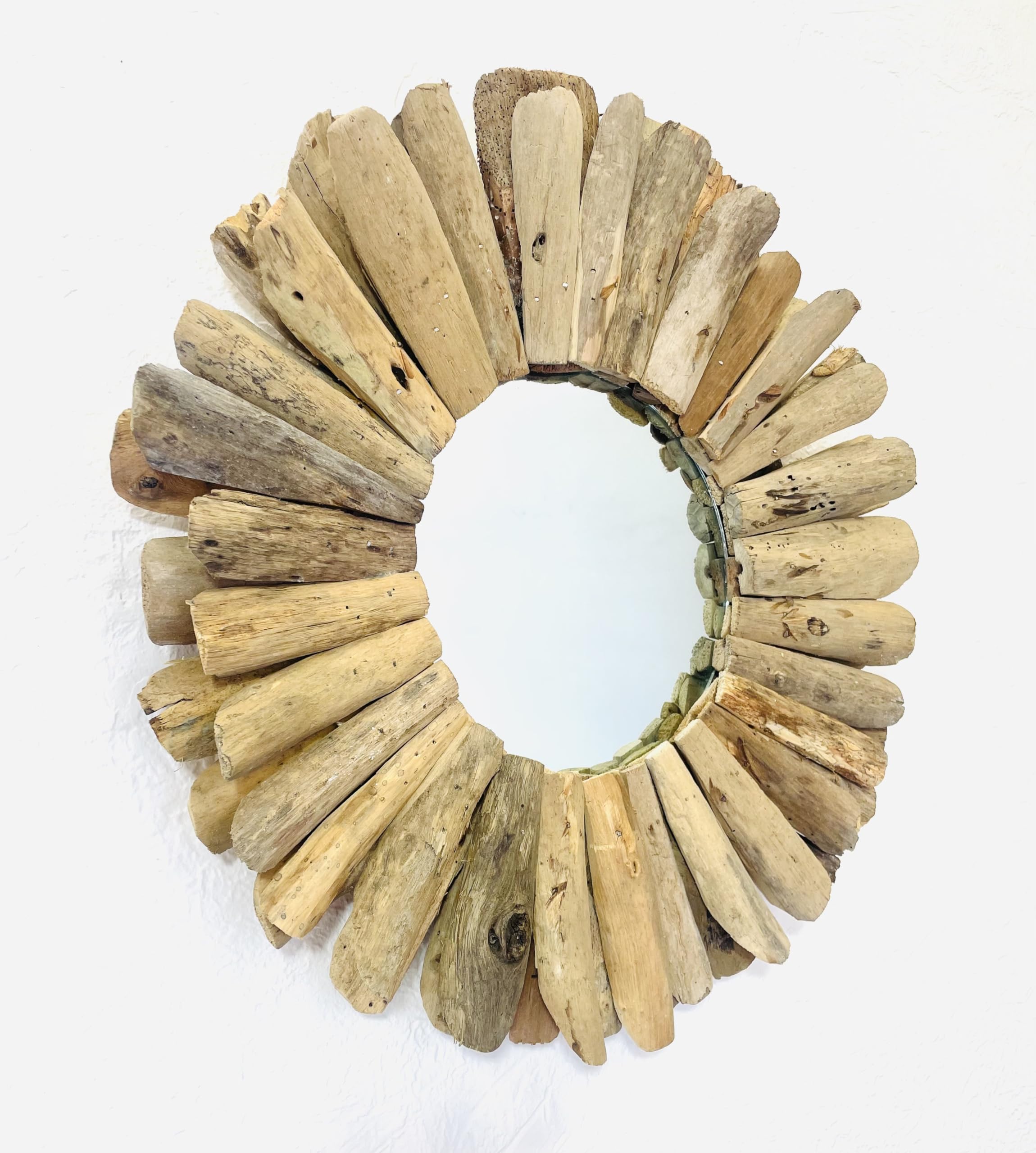 My Square Mile Driftwood Round Mirror | Bathroom Hallway Rustic Wooden Wall Hanging Mirror | With Easy Hang Pre Attached Hooks (60cm)