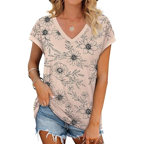 WIHOLL Womens Summer Tops 2026 Cap Short Sleeve Shirs V Neck T Shirts Fashion Beach Vacation Clothes Color Block