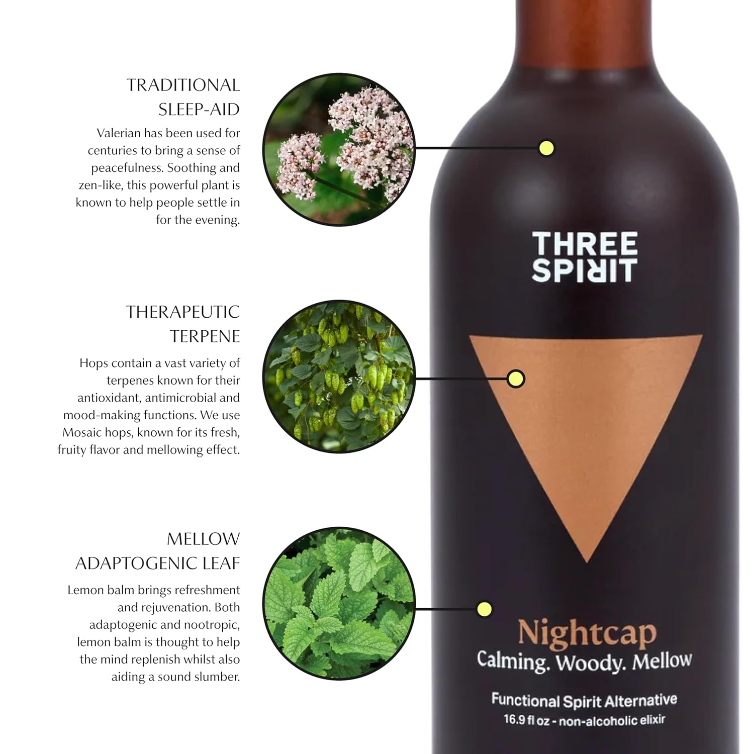 Three Spirit Non-Alcoholic Alternative Spirit - The Nightcap, 50cl | Alt-Whiskey | Unwind & Chillout with Adaptogens, Valerian, Hops & Lemon Balm | Award Winning Active Botanical Gluten Free & Vegan