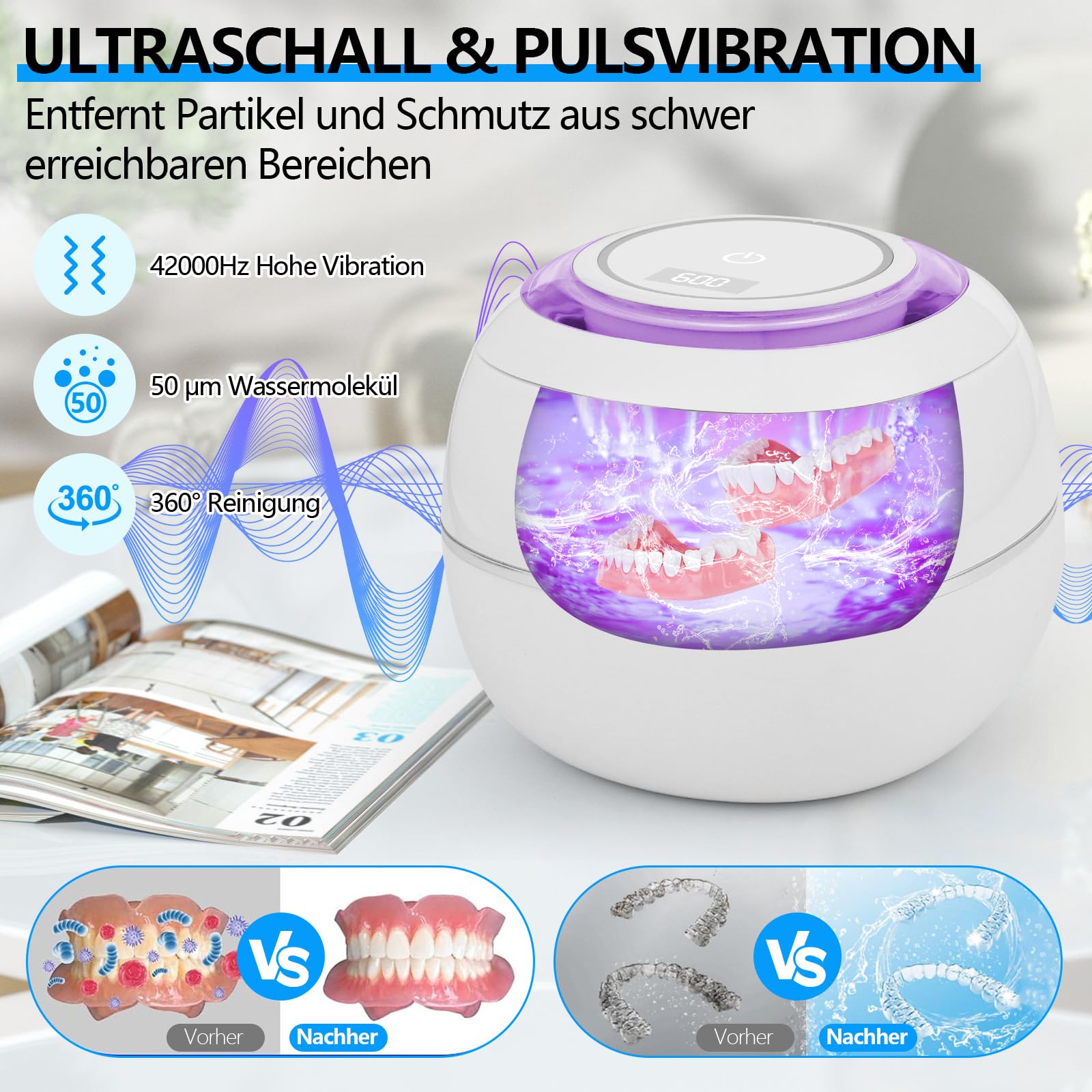 Nettoyeur Ultrasons,GuKKK 28W Detartreur Dentaire Ultrason UV,180ML Nettoyeur Ultrason Appareil Dentaire pour Prothèses Dentaires,Protège-dents de Nuit, Aligneur,Tête de Brosse,Bijoux (Weiß)