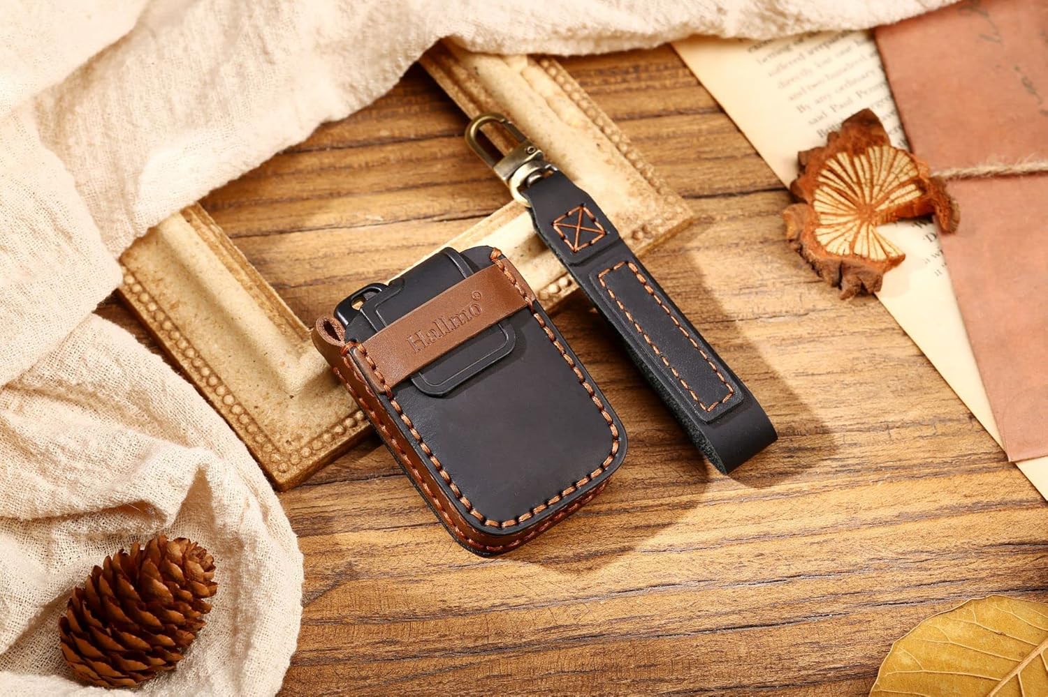 HIBEYO Leather Car Key Fob Cover with Keychain fits for Toyota Camry Land Cruiser 4Runner Prius Crown Highlander Rav4 Car Key Case Cover Smart Remote Car Key Keyless Entry Holder 4 Button Black