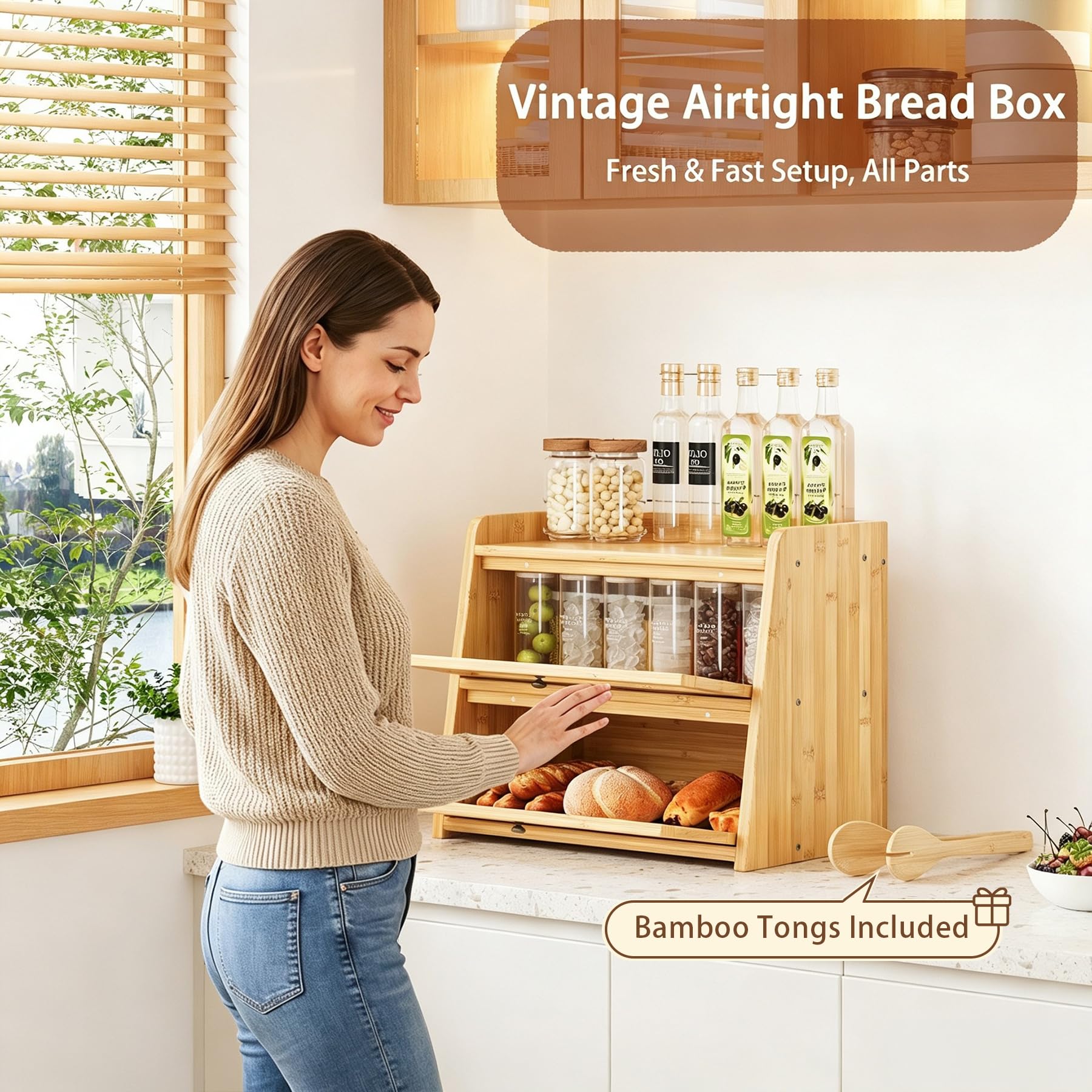 Panera grande de bambú de doble capa para encimera de cocina, contenedor de almacenamiento de pan de madera de gran capacidad con ventana para pan (bambú natural)