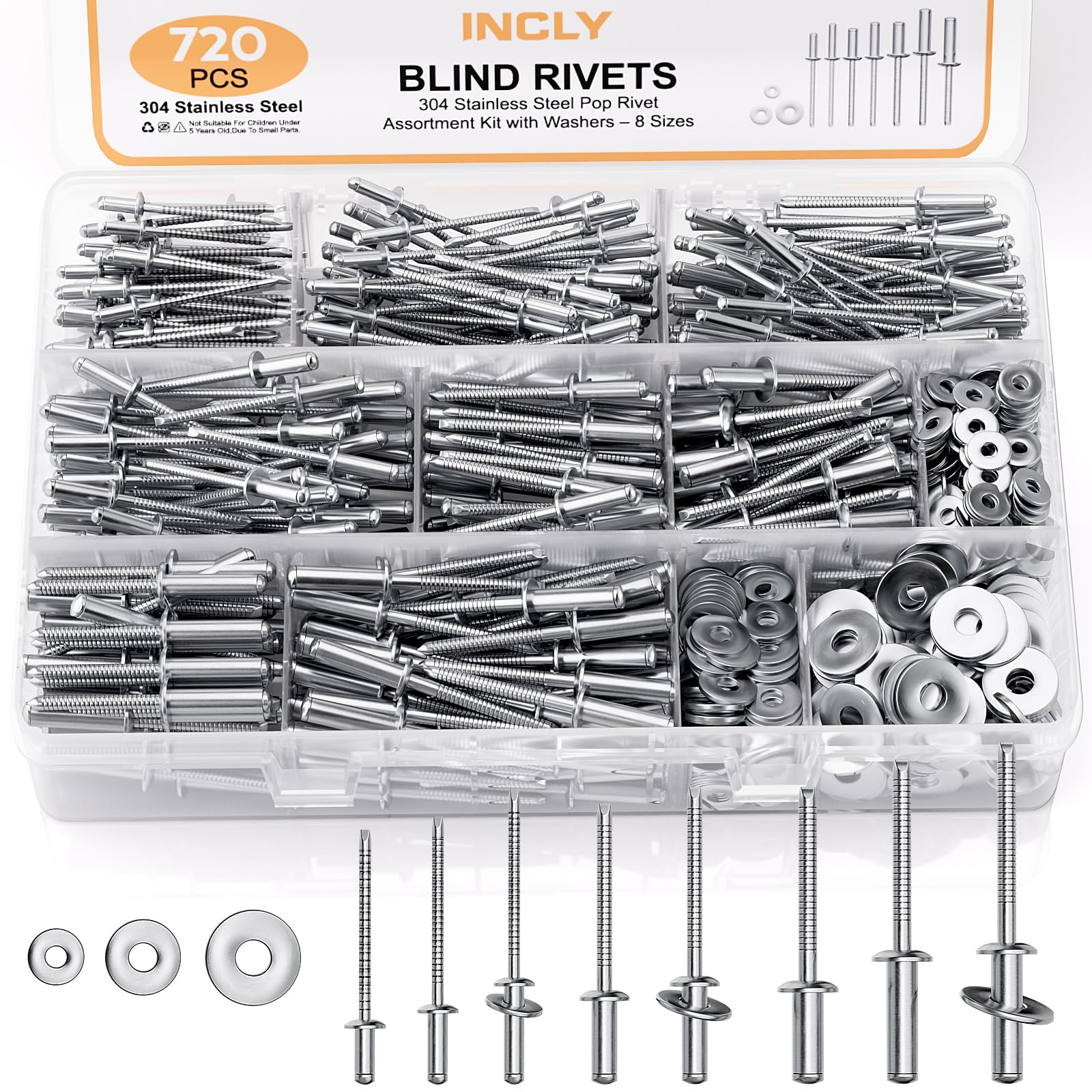 INCLY 720Pcs 304 Stainless Steel Rivets with Washer Assortment Kit