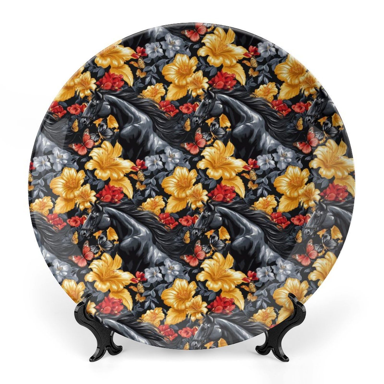 DULAHR Dark Horse Flowers Bone China Decorative Plate Ceramic Decorative Plate Home Wall Decor with Vertical Stand Decorative Plates