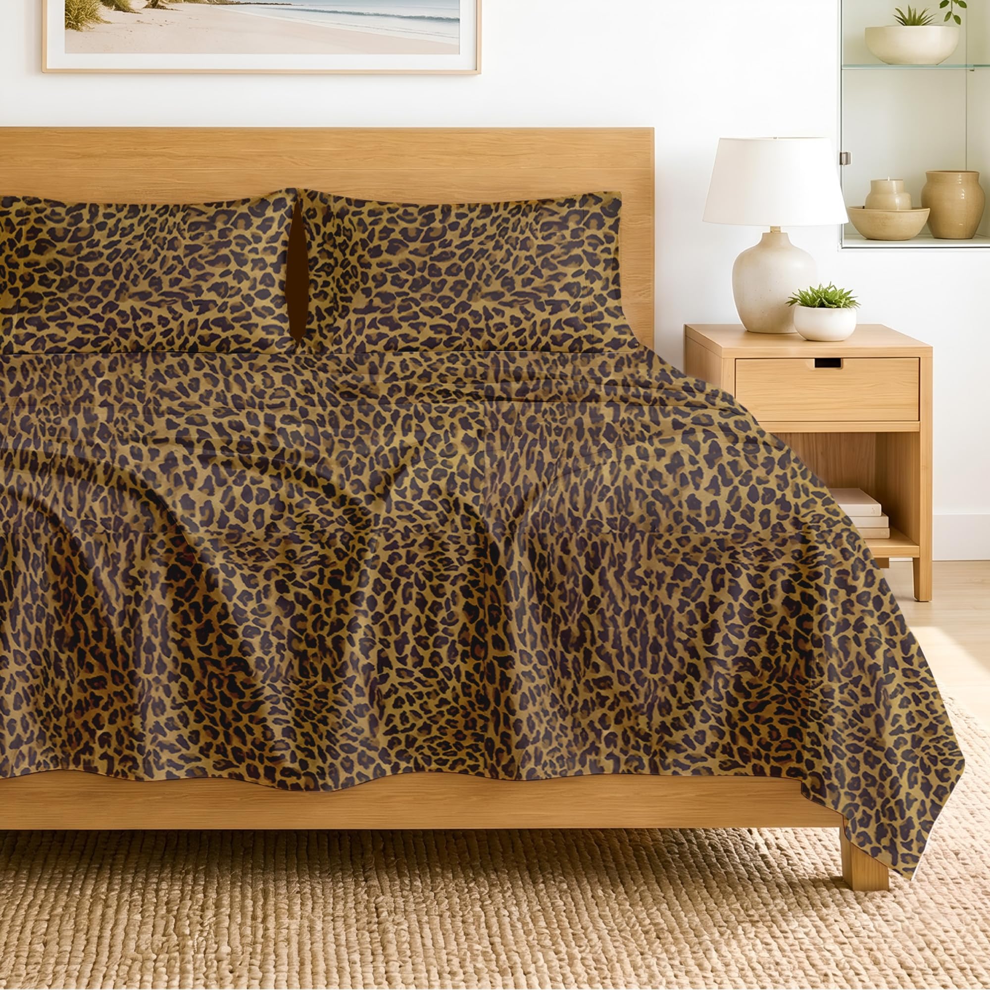 SGI bedding 100% Egyptian Cotton Sheets Twin Size – 600 Thread Count Sheets Set, Soft, Cooling, 15" Deep Pocket, Luxury Hotel Bedding, Breathable, Durable - Leopard Print