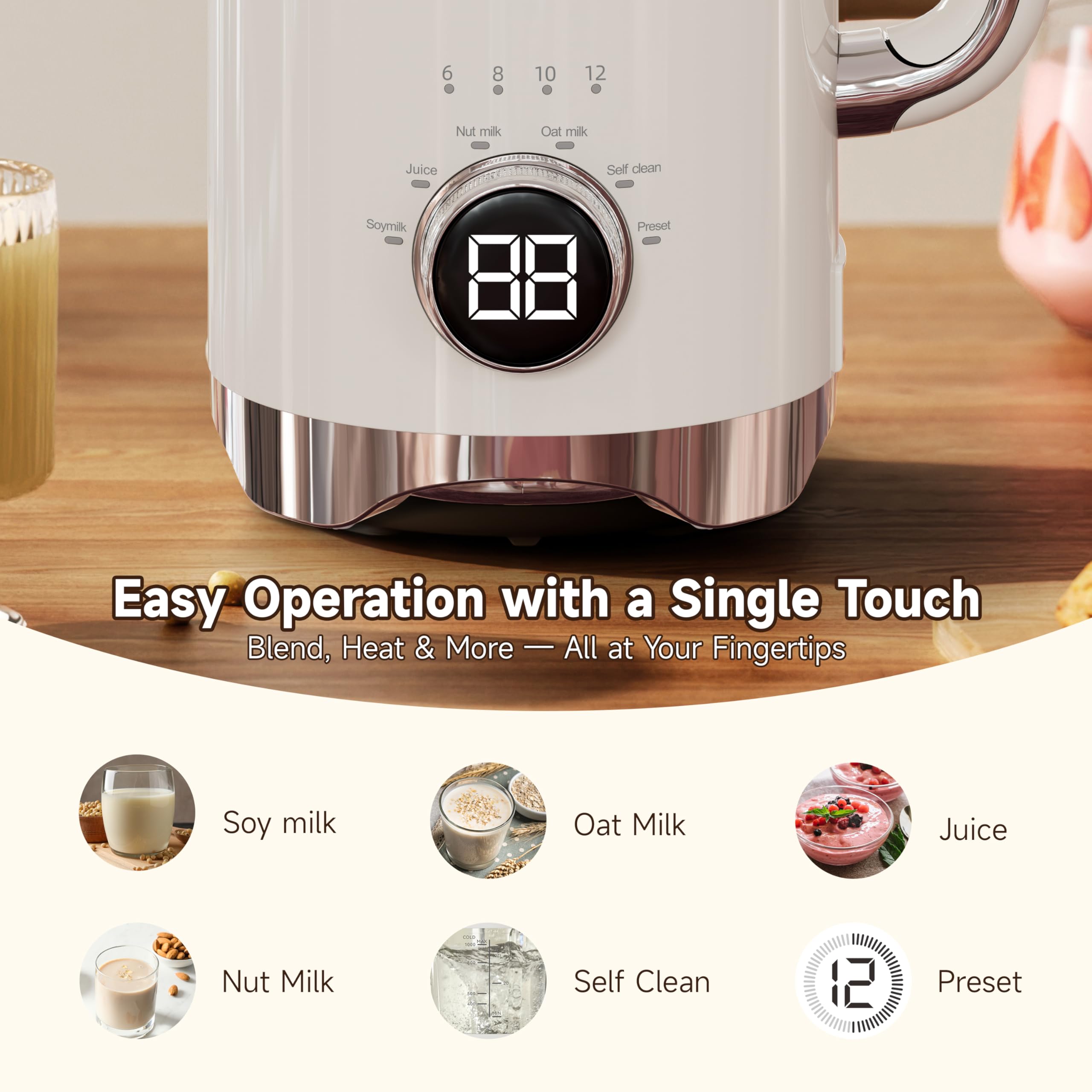 Máquina para fabricar leche de nuez 6 en 1, máquina de leche de soja y almendras de 34 onzas con 8 cuchillas, licuadora automática para leche de avena casera y batidos, bebidas a base de plantas 3