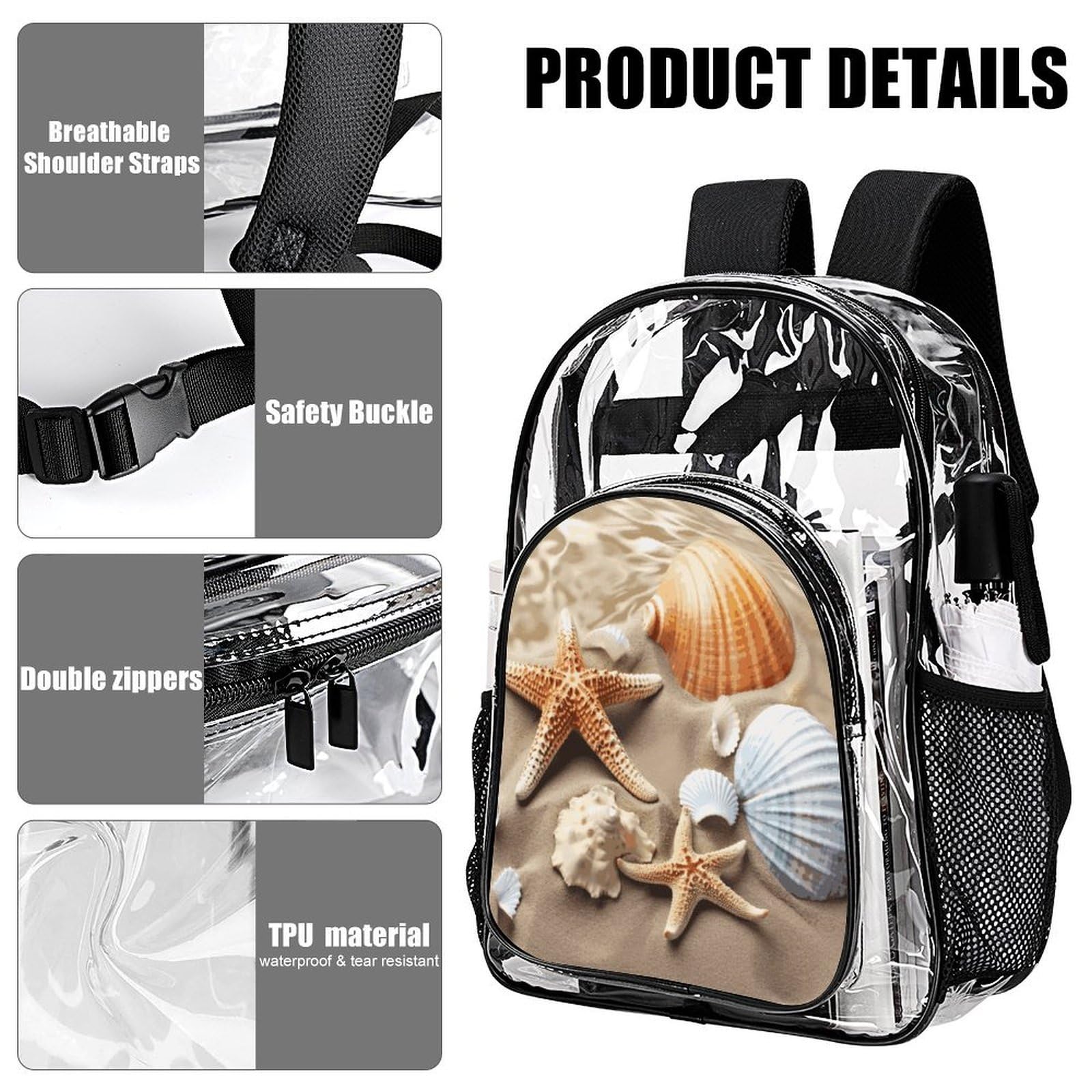 Transparenter Rucksack mit Muscheln, Seestern, groß, transparent, PVC, Büchertasche für Sicherheit, Arbeit, Reisen, Stadion