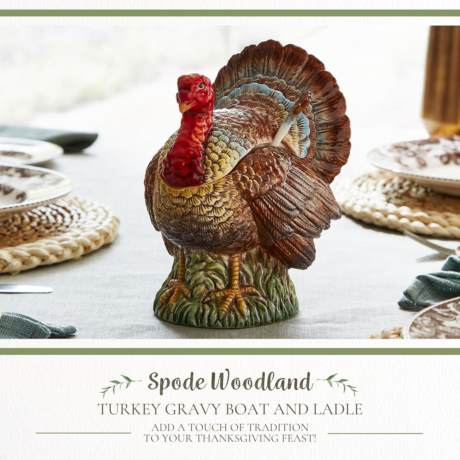 Spode 14oz Turkey-Shaped Gravy Boat with Ladle - Dolomite Thanksgiving Serveware | Large Table Centerpiece | Decorative Serving Bowl | Holiday Soup Bowl, For Thanksgiving Dinner and Festive Meals