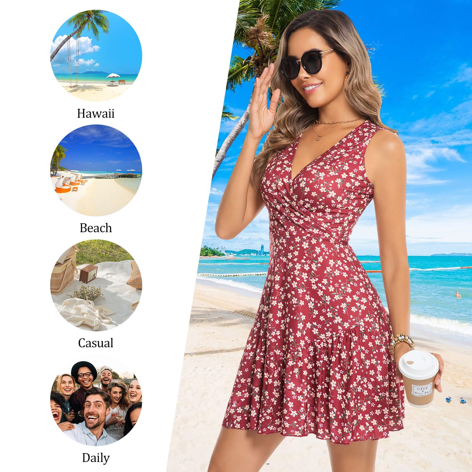 Chongbaijia Paquete de 3 vestidos de verano para mujer 2025, sin mangas, sexy, envolvente, cuello en V, floral, vestido sin mangas