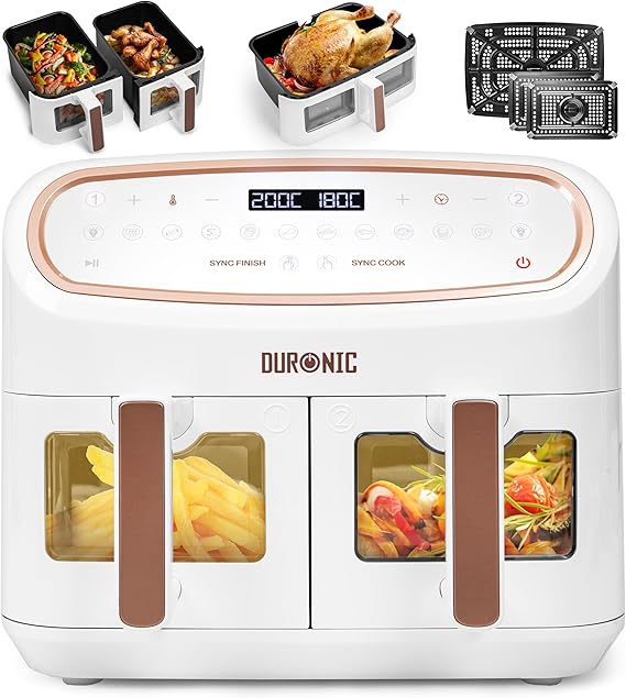 Duronic AF34 WE Friggitrice ad Aria extra grande, Air Fryer 2400W, 2 cestelli da 5L e 1 Cestello da 10L, Senza olio 10in1, Friggitrice ad aria calda con finestra di controllo