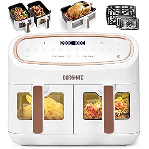 Duronic AF34 WE Freidora de aire sin aceite 2400 W | Air Fryer 2 cestas 5L + 1 cesta 10L con Ventana | Airfryer 10 programas | Pantalla táctil | Cestas antiadherentes | Fácil de limpiar | 50-200º
